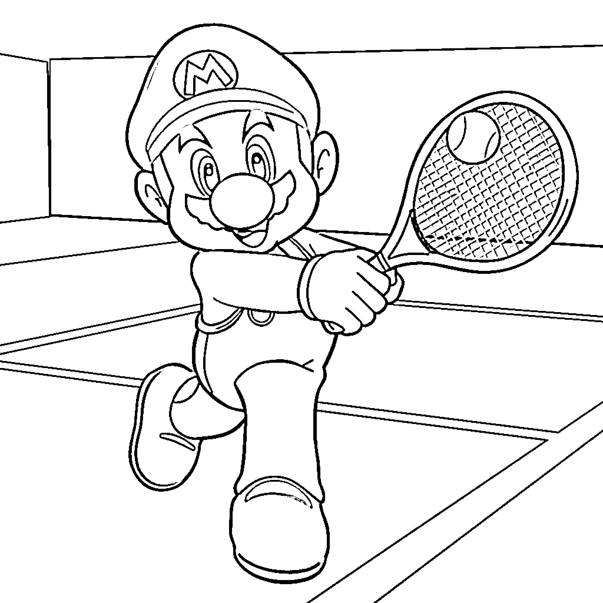 Super Mario playing tennis with tennis racket Coloring Page (free black-and-white line drawing printable PDF for all, from beginners to advanced learners, including children, teens, adults, and seniors)