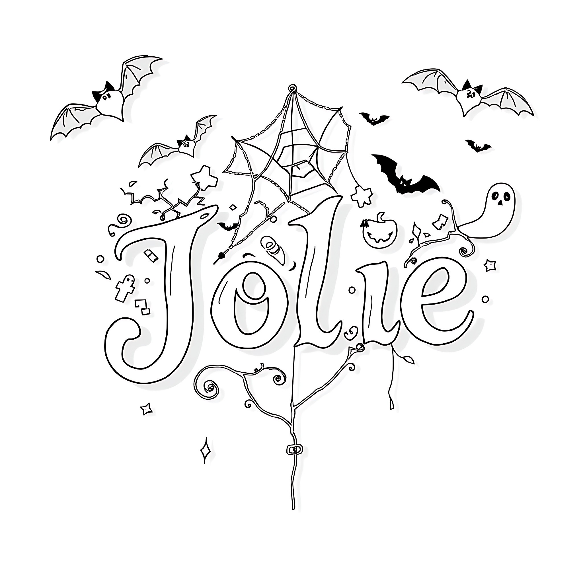 Jolie's Whimsical Halloween Illustration Coloring Page (free black-and-white line drawing printable PDF for all, from beginners to advanced learners, including children, teens, adults, and seniors)