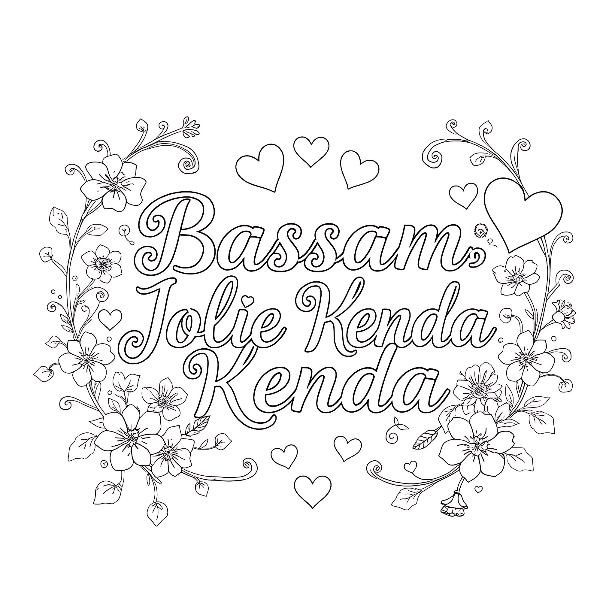 Love Flowers and Hearts Surrounding the Name Bassam Coloring Page (free black-and-white line drawing printable PDF for all, from beginners to advanced learners, including children, teens, adults, and seniors)