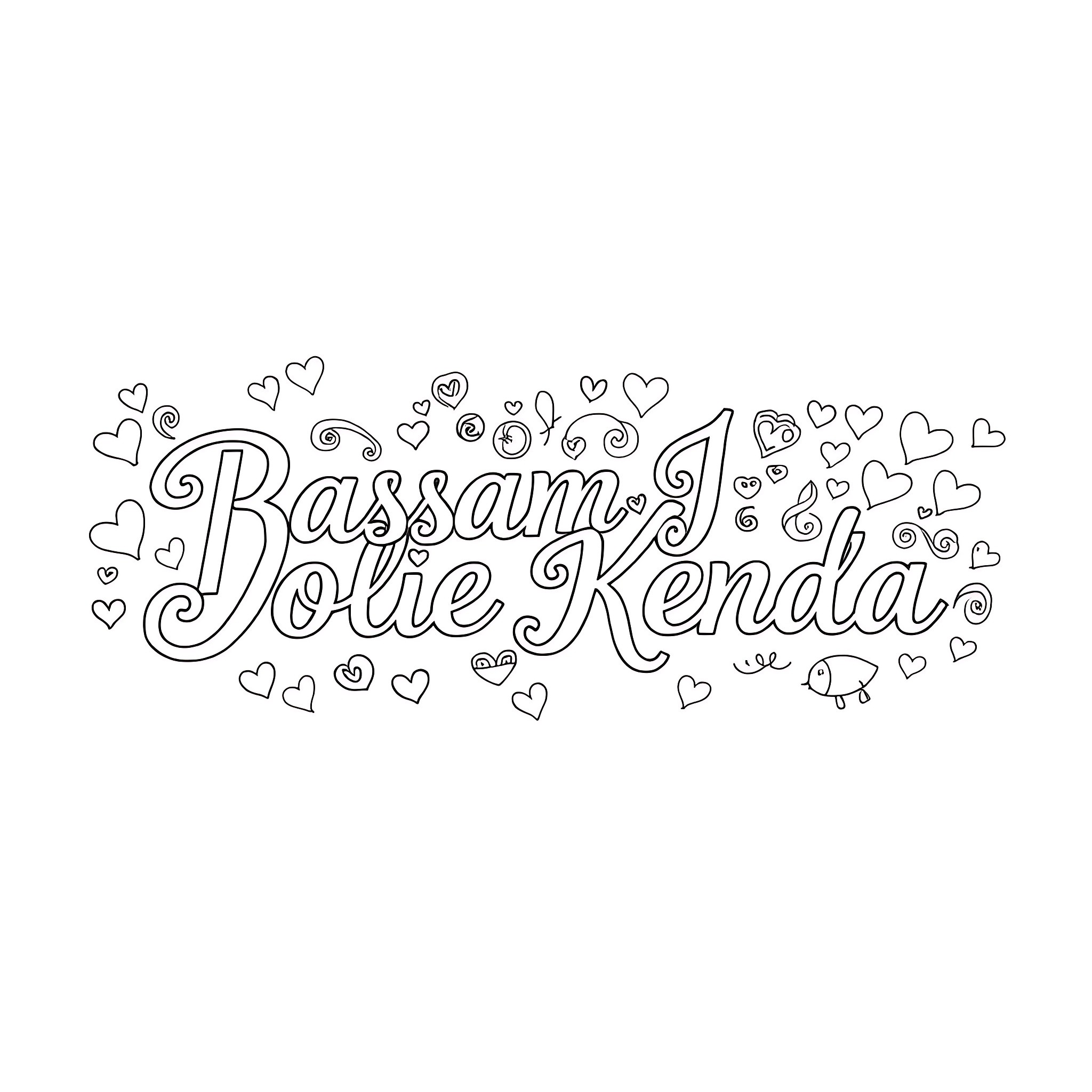 Love expressed through hand-drawn text and hearts Coloring Page (free black-and-white line drawing printable PDF for all, from beginners to advanced learners, including children, teens, adults, and seniors)