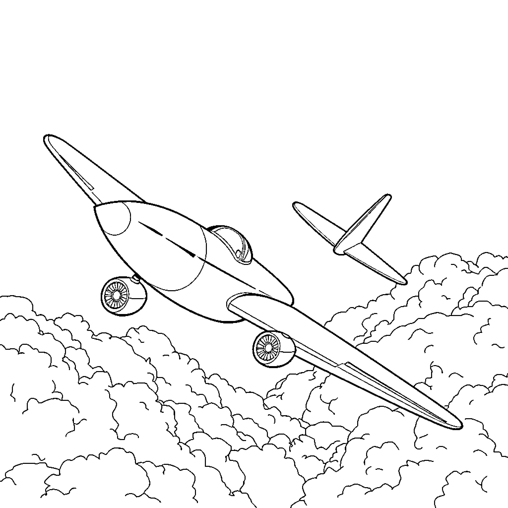 Airplane soaring through the cloudy skies Coloring Page (free black-and-white line drawing printable PDF for all, from beginners to advanced learners, including children, teens, adults, and seniors)