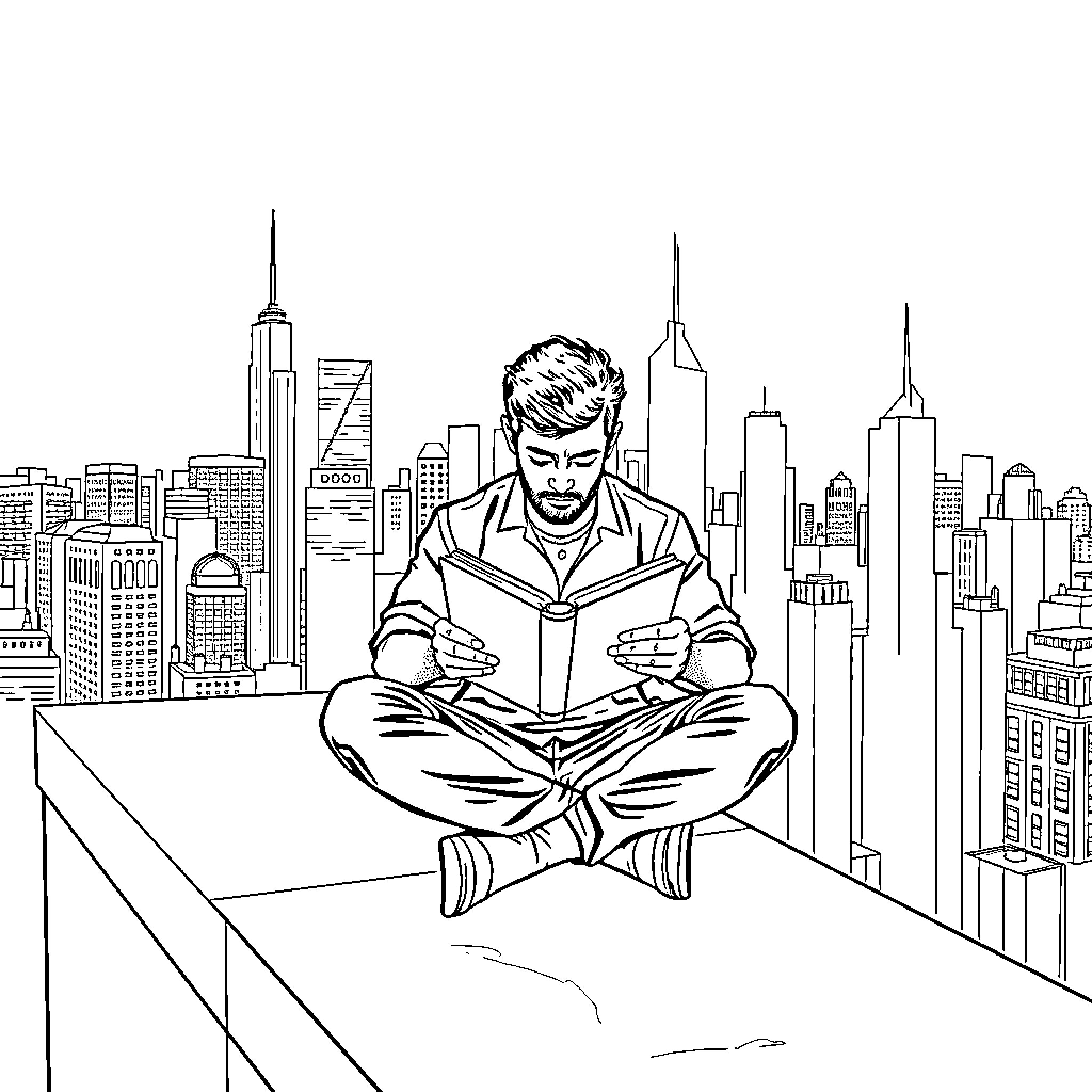 Man reading a book on the rooftop with city skyline Coloring Page (free black-and-white line drawing printable PDF for all, from beginners to advanced learners, including children, teens, adults, and seniors)
