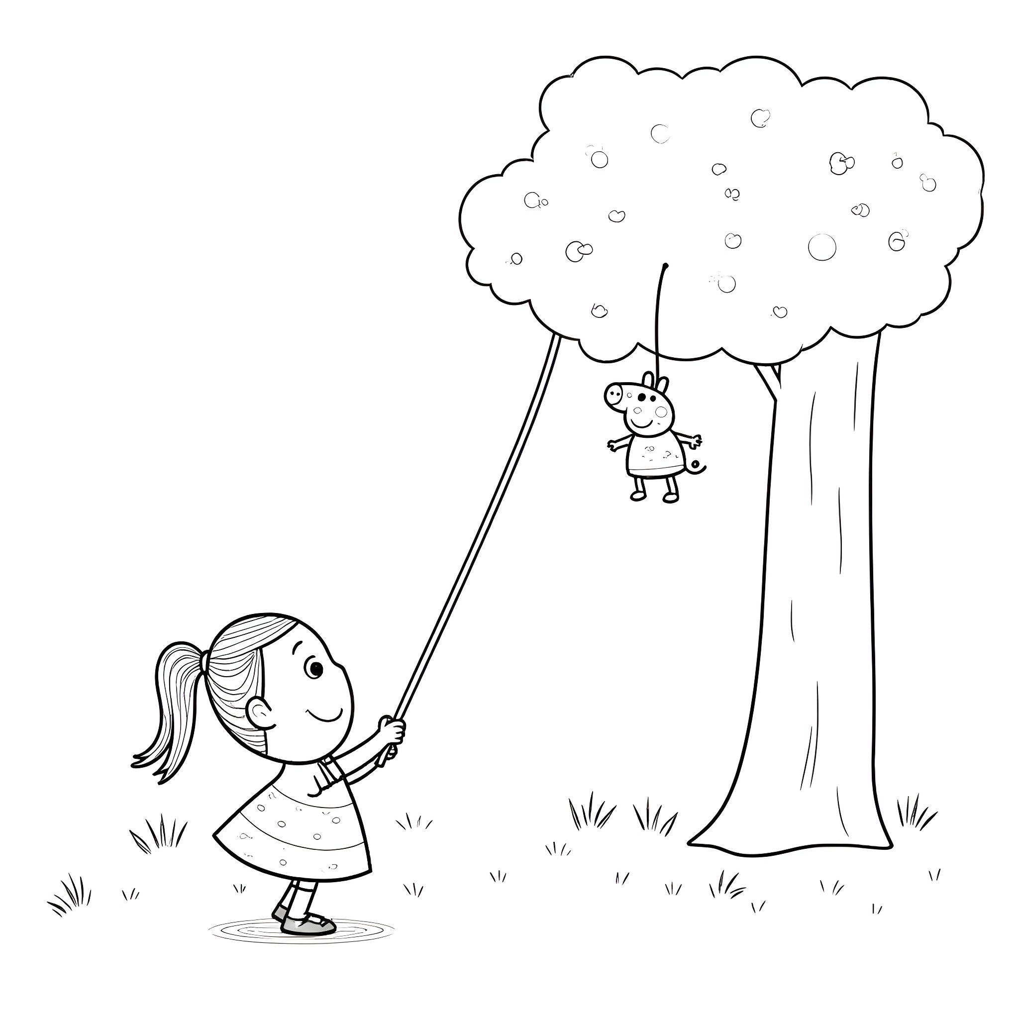Pintata: Girl playing with swing on tree Coloring Page (free black-and-white line drawing printable PDF for all, from beginners to advanced learners, including children, teens, adults, and seniors)