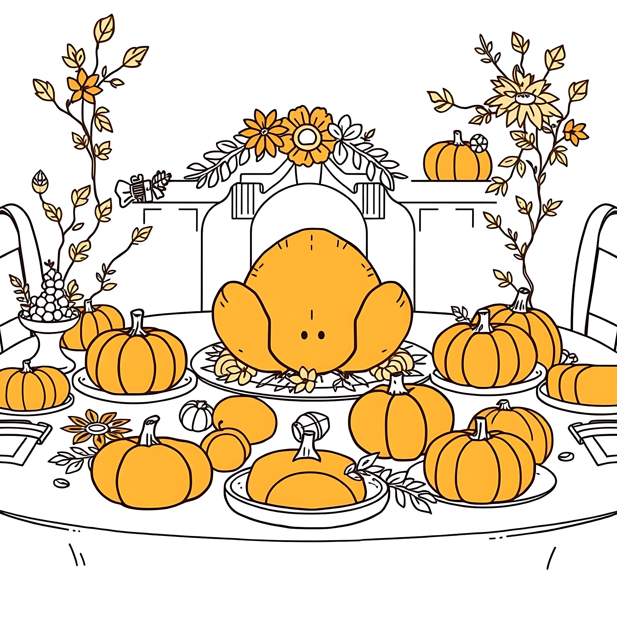 Thanksgiving feast with pumpkins and autumn decor Coloring Page (free black-and-white line drawing printable PDF for all, from beginners to advanced learners, including children, teens, adults, and seniors)