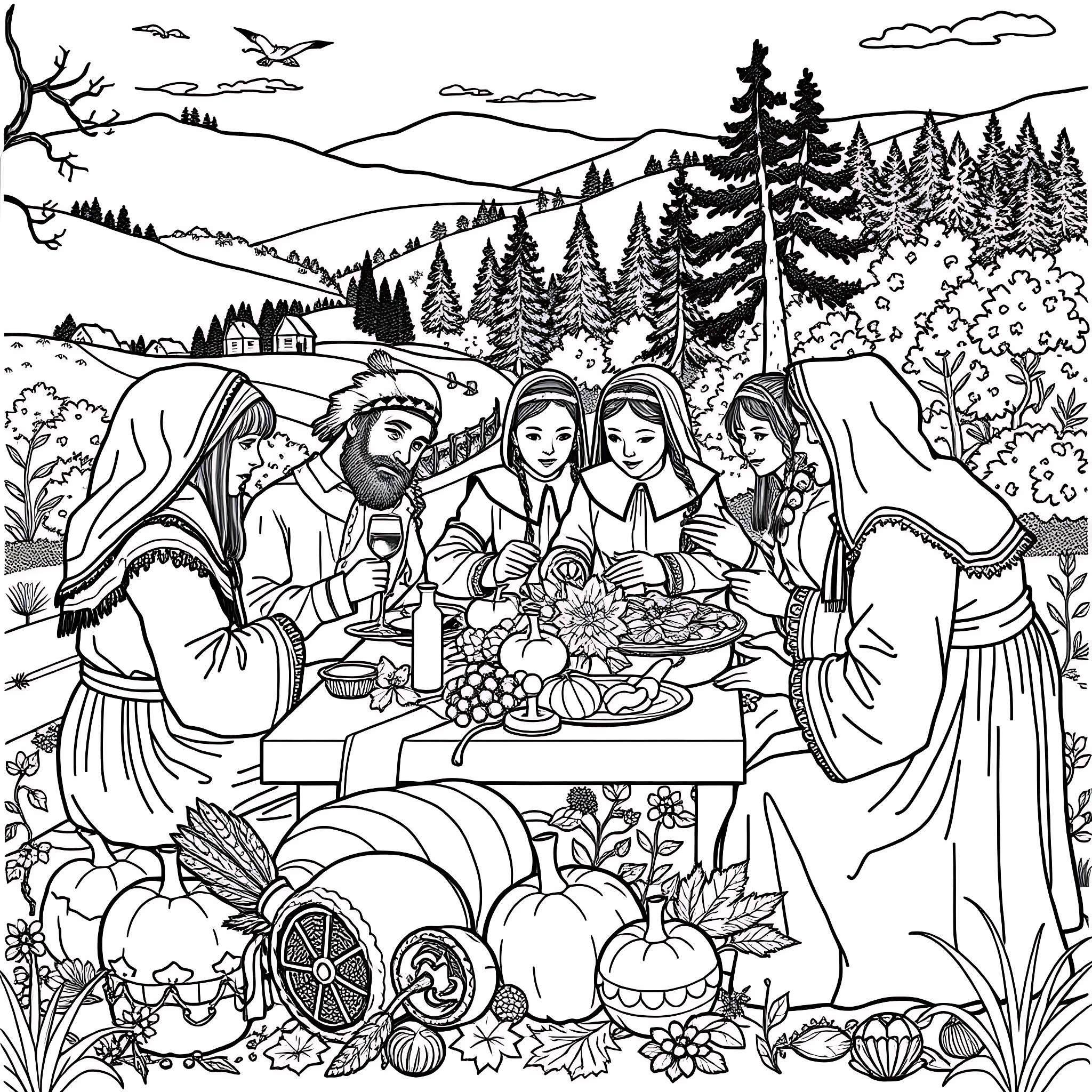 Pilgrim Family Enjoying a Rustic Outdoor Feast Coloring Page (free black-and-white line drawing printable PDF for all, from beginners to advanced learners, including children, teens, adults, and seniors)