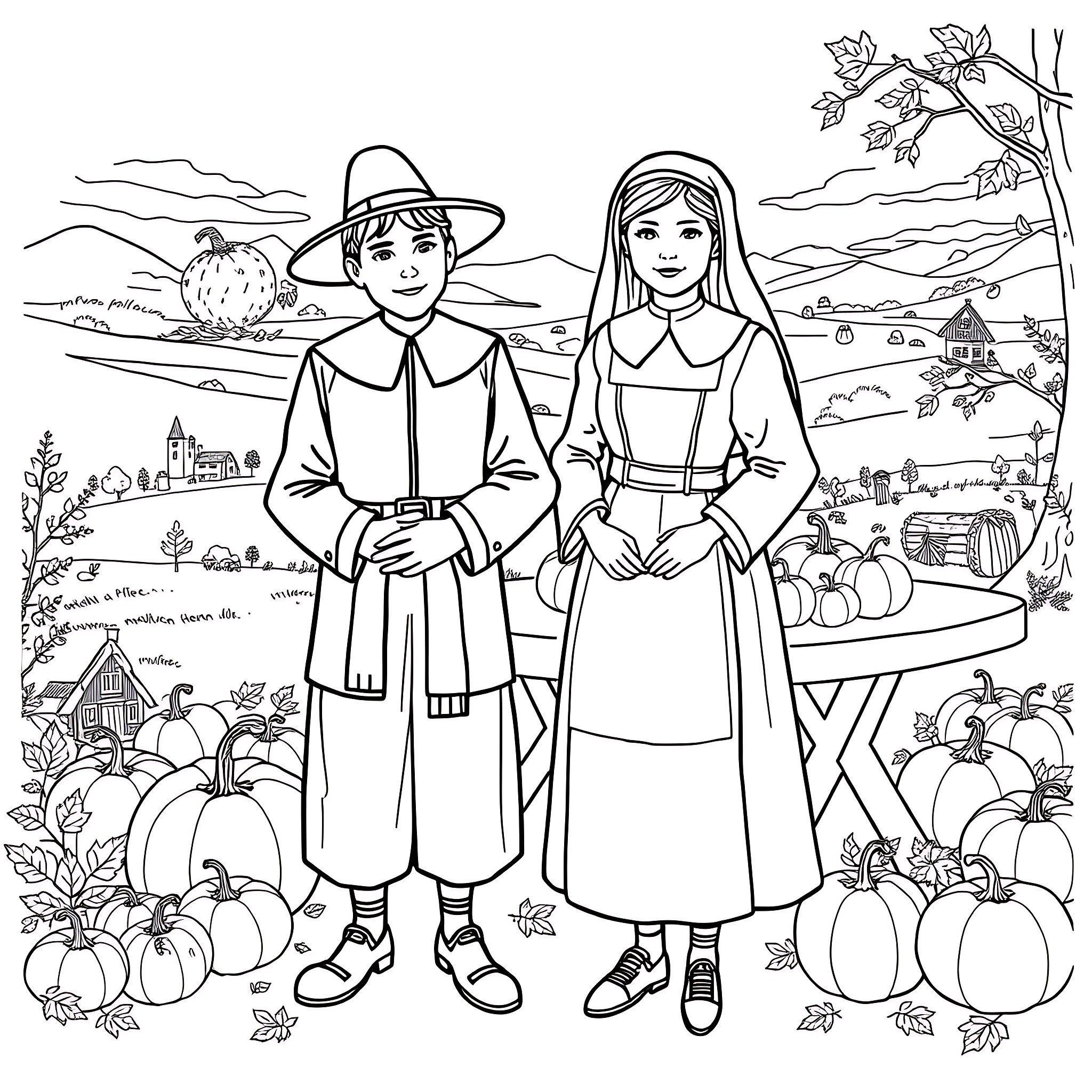 Pilgrim couple in autumn landscape Coloring Page (free black-and-white line drawing printable PDF for all, from beginners to advanced learners, including children, teens, adults, and seniors)