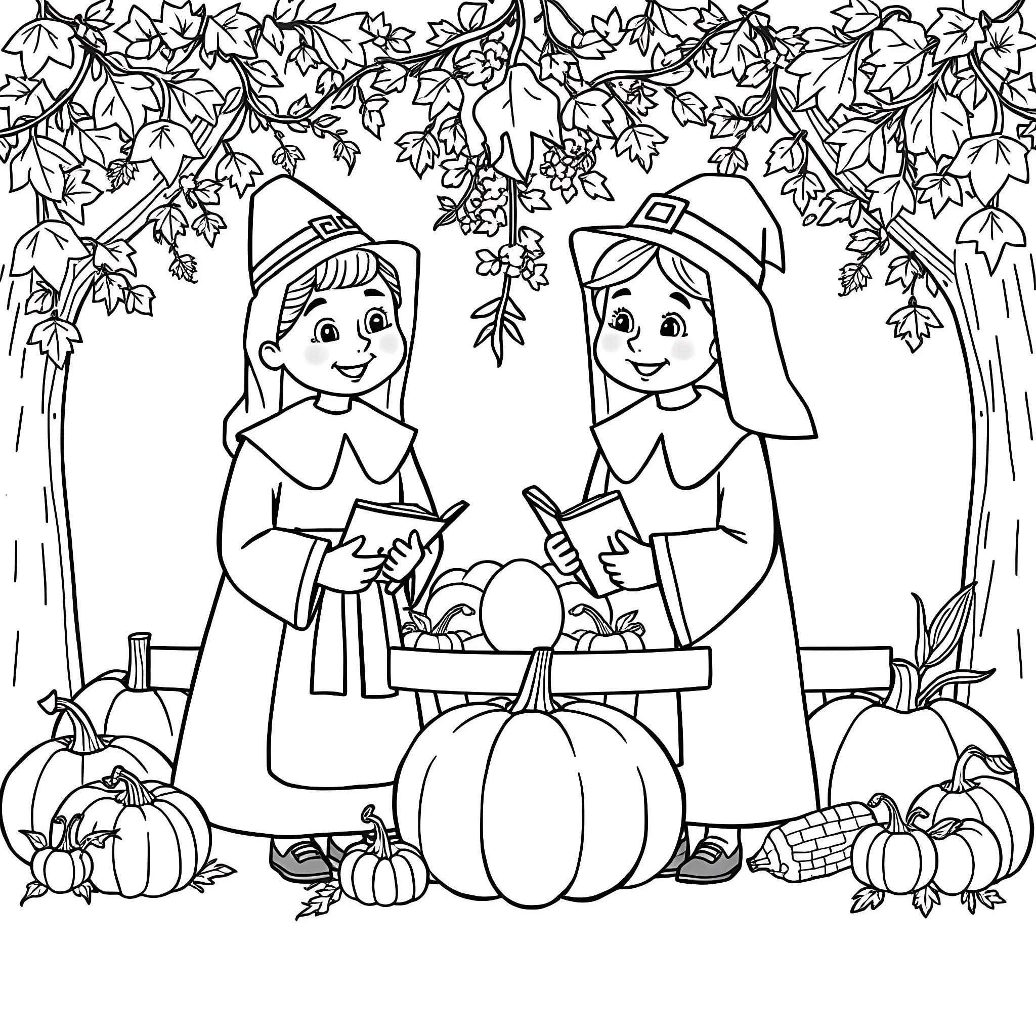 Pilgrim children collecting autumn harvest Coloring Page (free black-and-white line drawing printable PDF for all, from beginners to advanced learners, including children, teens, adults, and seniors)