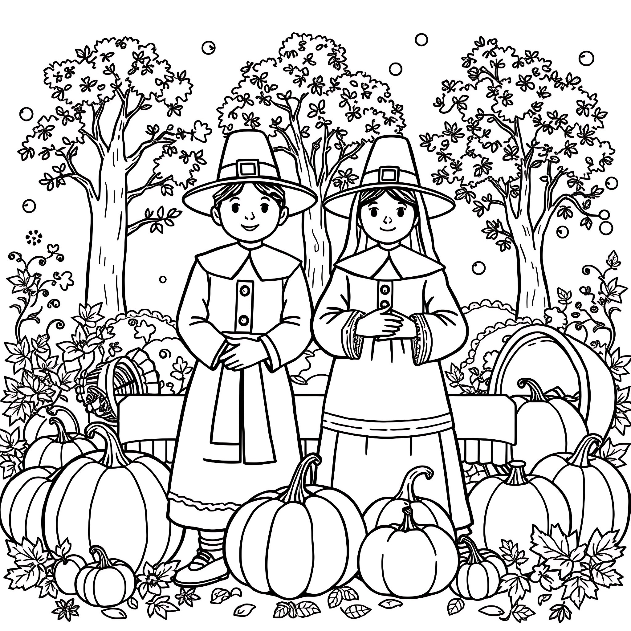 Pilgrim Couple in Autumn Harvest Scenery Coloring Page (free black-and-white line drawing printable PDF for all, from beginners to advanced learners, including children, teens, adults, and seniors)