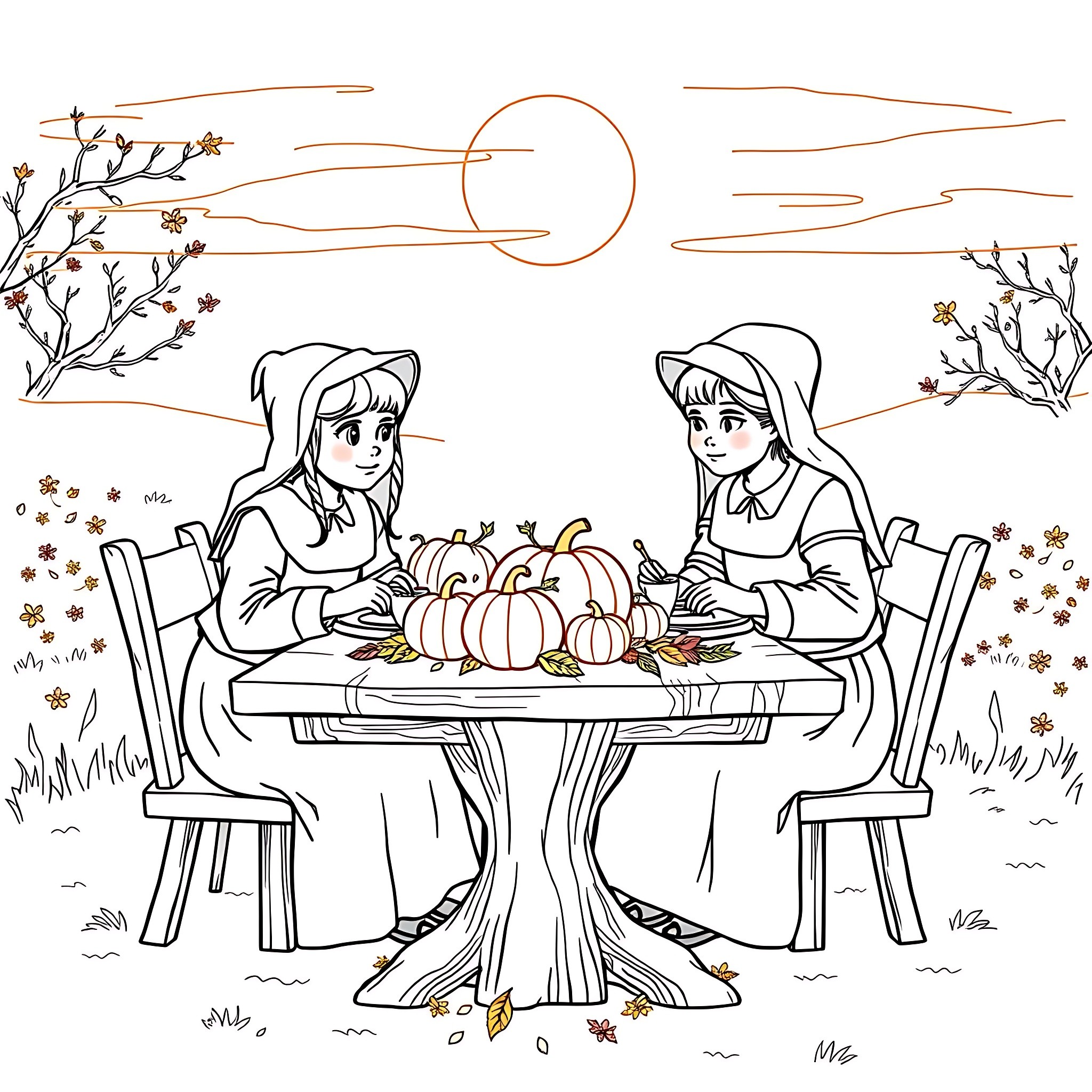 Pilgrim women enjoying a fall harvest together Coloring Page (free black-and-white line drawing printable PDF for all, from beginners to advanced learners, including children, teens, adults, and seniors)