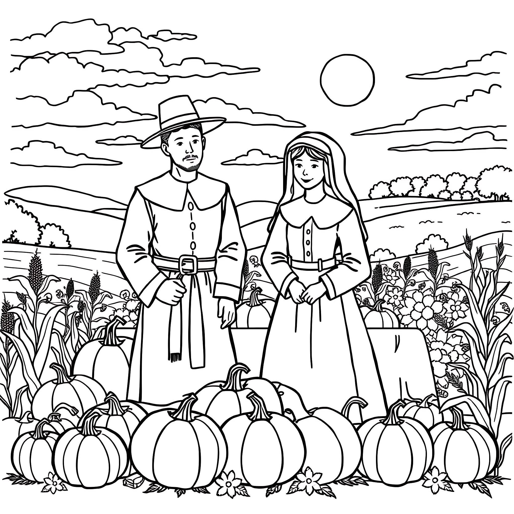 Pilgrim couple amidst autumn harvest in scenic landscape Coloring Page (free black-and-white line drawing printable PDF for all, from beginners to advanced learners, including children, teens, adults, and seniors)