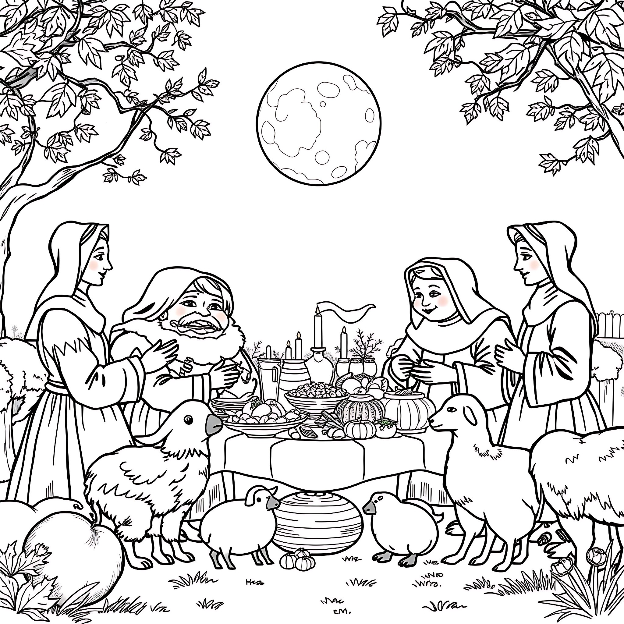 Pilgrim Family Gathering at Night under the Moon Coloring Page (free black-and-white line drawing printable PDF for all, from beginners to advanced learners, including children, teens, adults, and seniors)