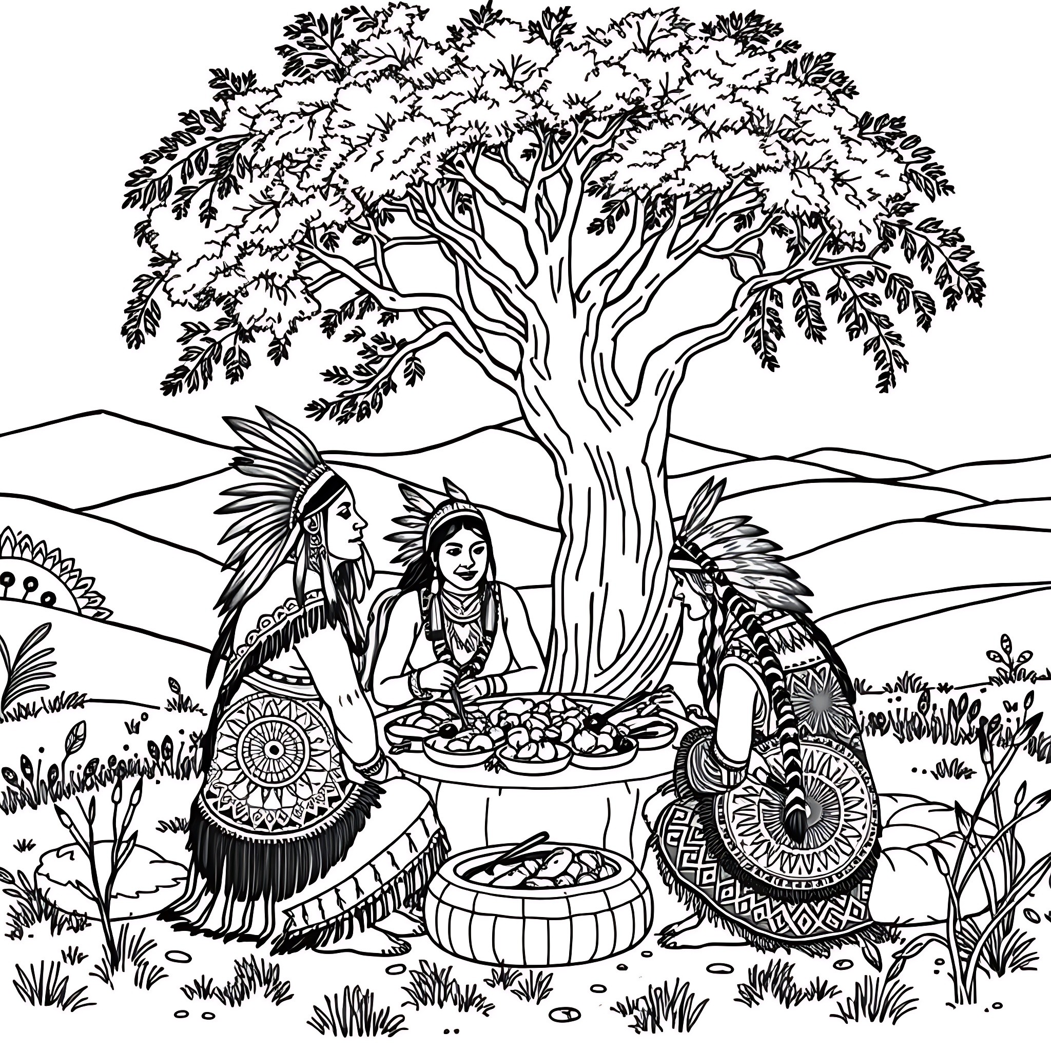 Indian women preparing traditional meal under tree Coloring Page (free black-and-white line drawing printable PDF for all, from beginners to advanced learners, including children, teens, adults, and seniors)