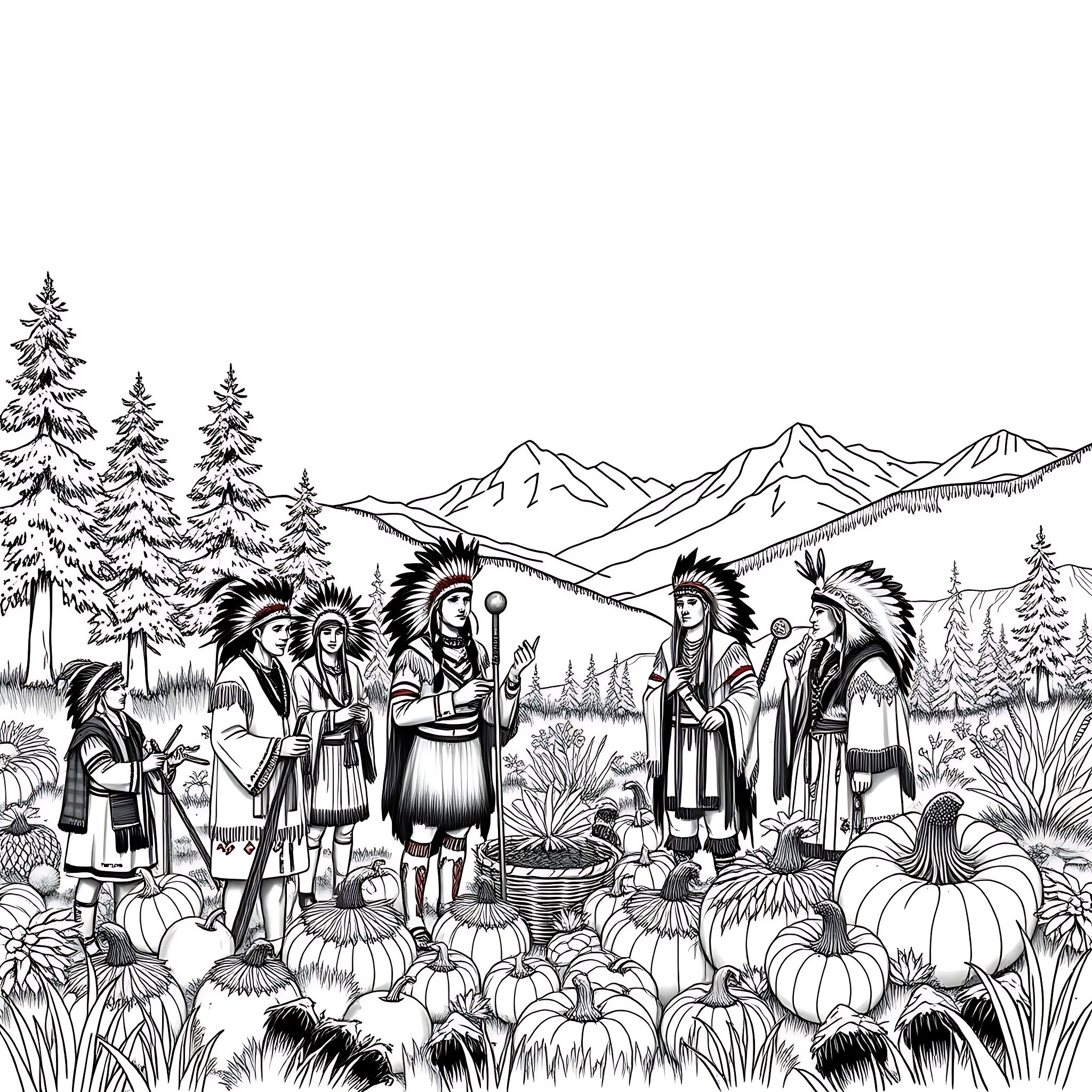 Indian Tribal Gathering in the Mountain Wilderness Coloring Page (free black-and-white line drawing printable PDF for all, from beginners to advanced learners, including children, teens, adults, and seniors)