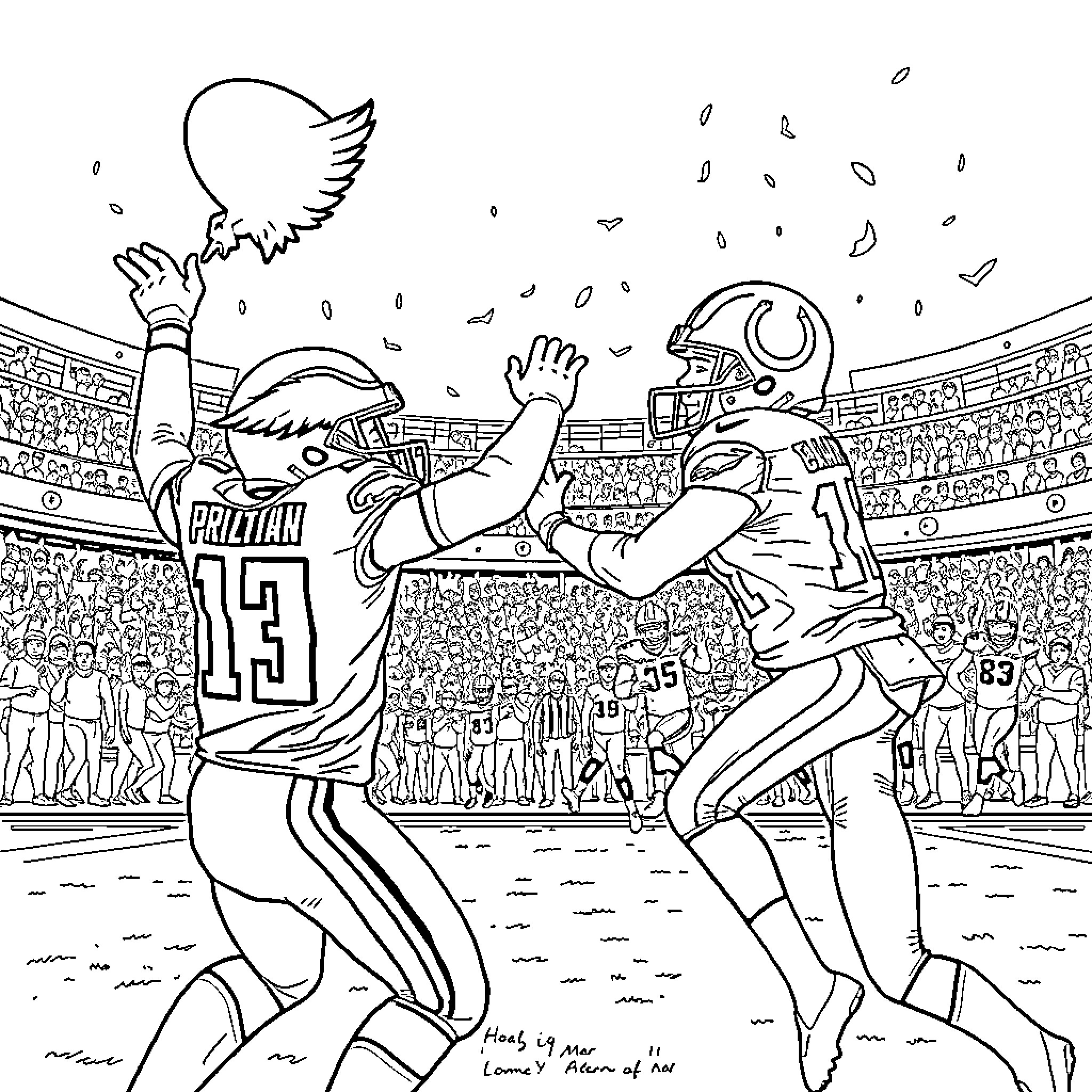 Eagle players engaging in intense football gameplay Coloring Page (free black-and-white line drawing printable PDF for all, from beginners to advanced learners, including children, teens, adults, and seniors)
