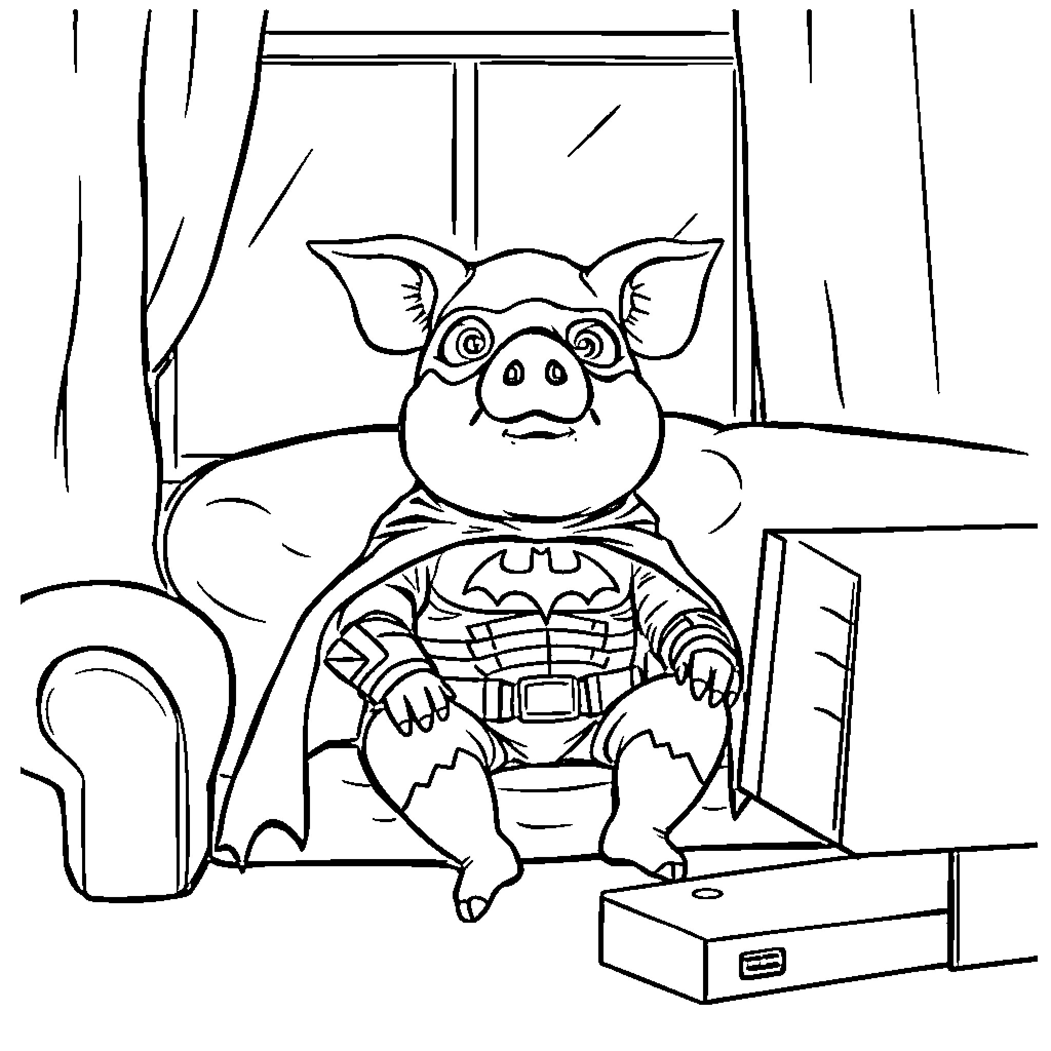Pig superhero relaxing in cozy living room Coloring Page (free black-and-white line drawing printable PDF for all, from beginners to advanced learners, including children, teens, adults, and seniors)