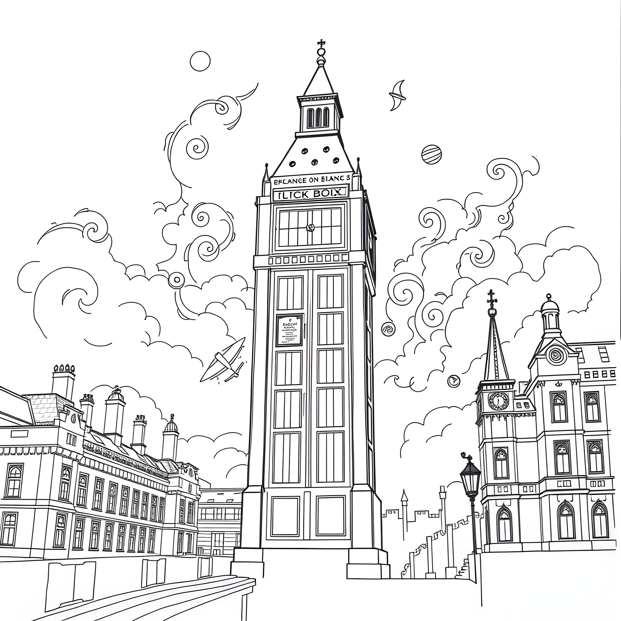 TARDIS landing in a whimsical city Coloring Page (free black-and-white line drawing printable PDF for all, from beginners to advanced learners, including children, teens, adults, and seniors)