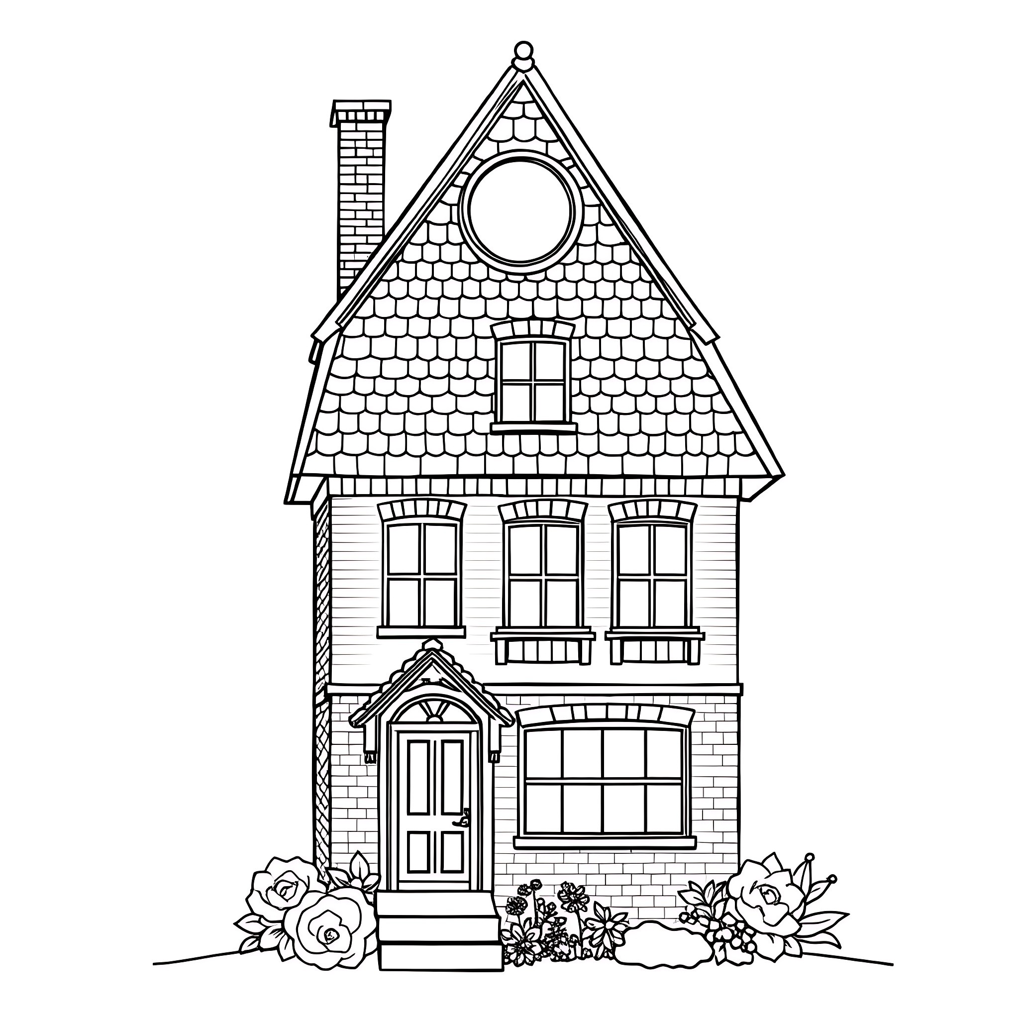 House with detailed architectural elements Coloring Page (free black-and-white line drawing printable PDF for all, from beginners to advanced learners, including children, teens, adults, and seniors)