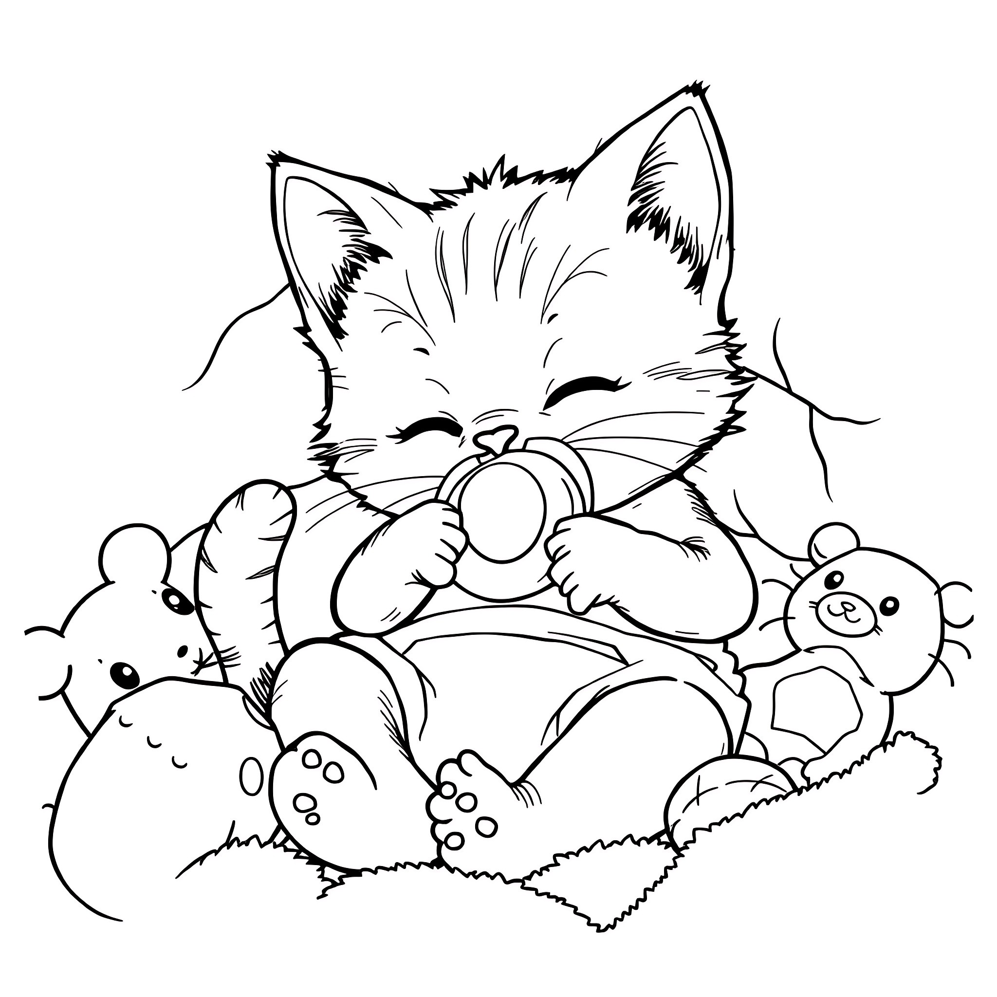 Cat Napping Peacefully with Stuffed Animal Friends Coloring Page (free black-and-white line drawing printable PDF for all, from beginners to advanced learners, including children, teens, adults, and seniors)