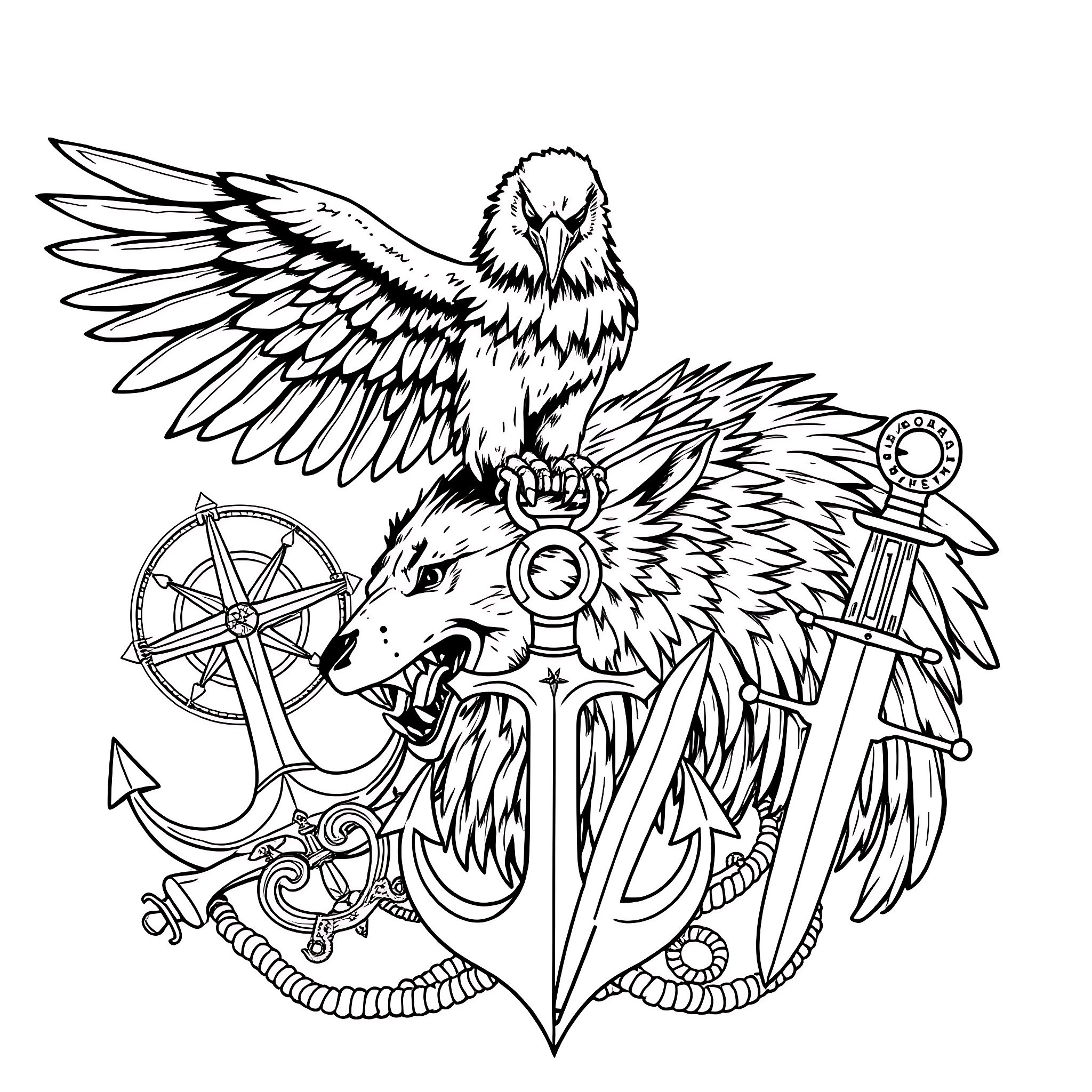 Eagle Soaring with Naval Symbols Coloring Page (free black-and-white line drawing printable PDF for all, from beginners to advanced learners, including children, teens, adults, and seniors)