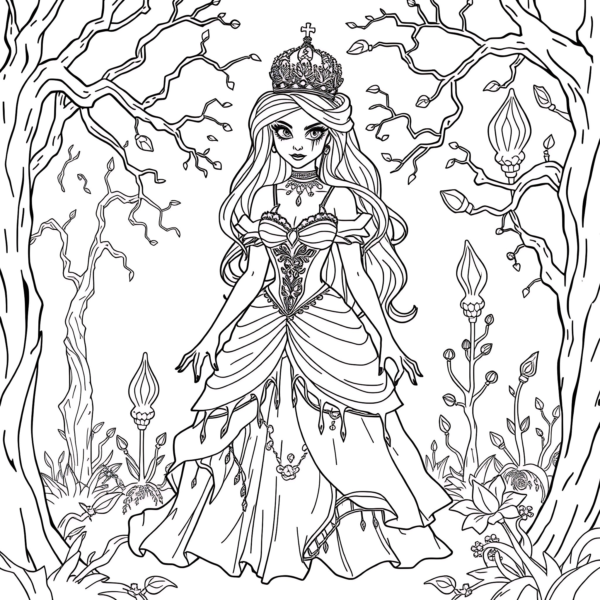 Disney Princess in enchanted forest with nature elements Coloring Page (free black-and-white line drawing printable PDF for all, from beginners to advanced learners, including children, teens, adults, and seniors)