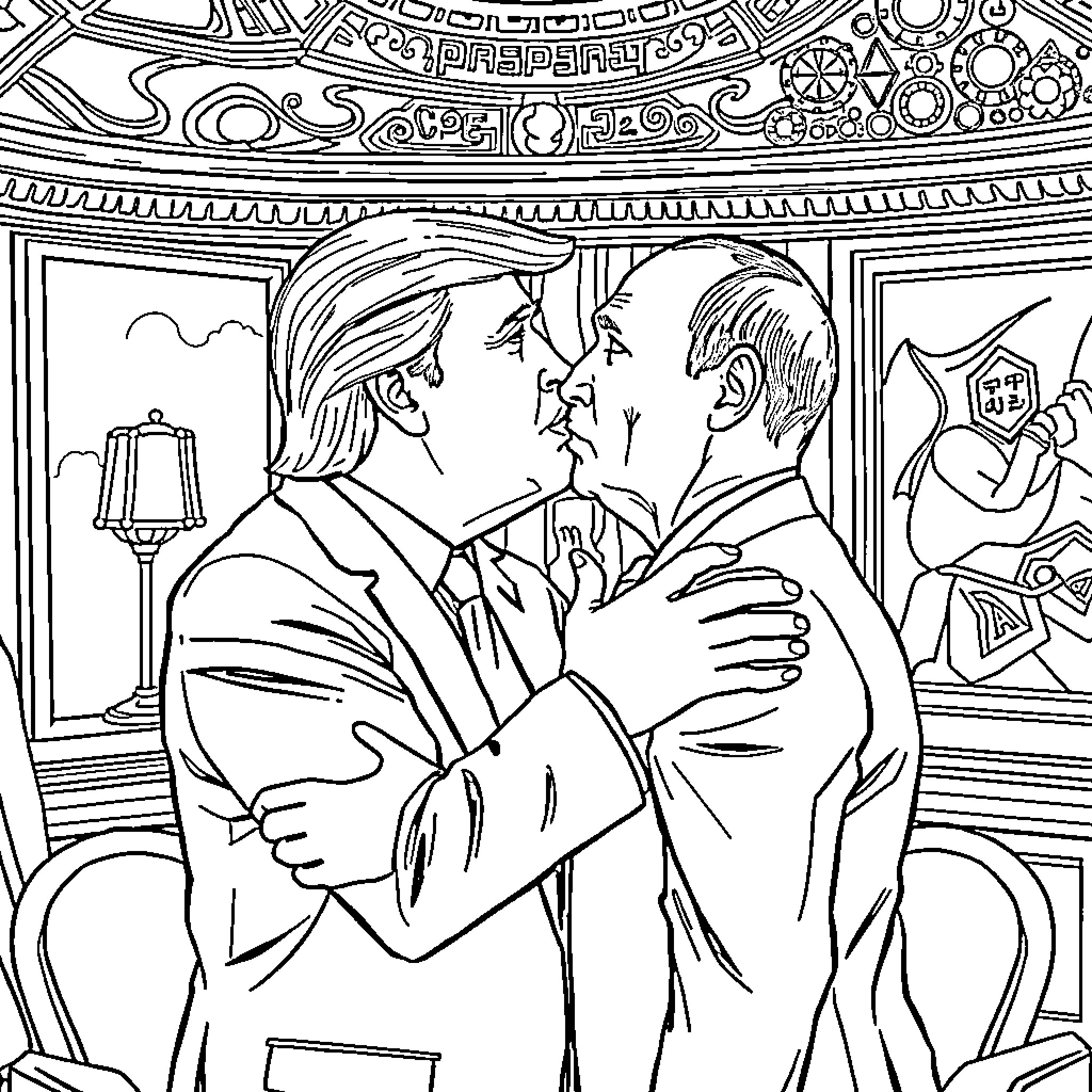 Trump in Confrontational Interaction with Political Rival Coloring Page (free black-and-white line drawing printable PDF for all, from beginners to advanced learners, including children, teens, adults, and seniors)