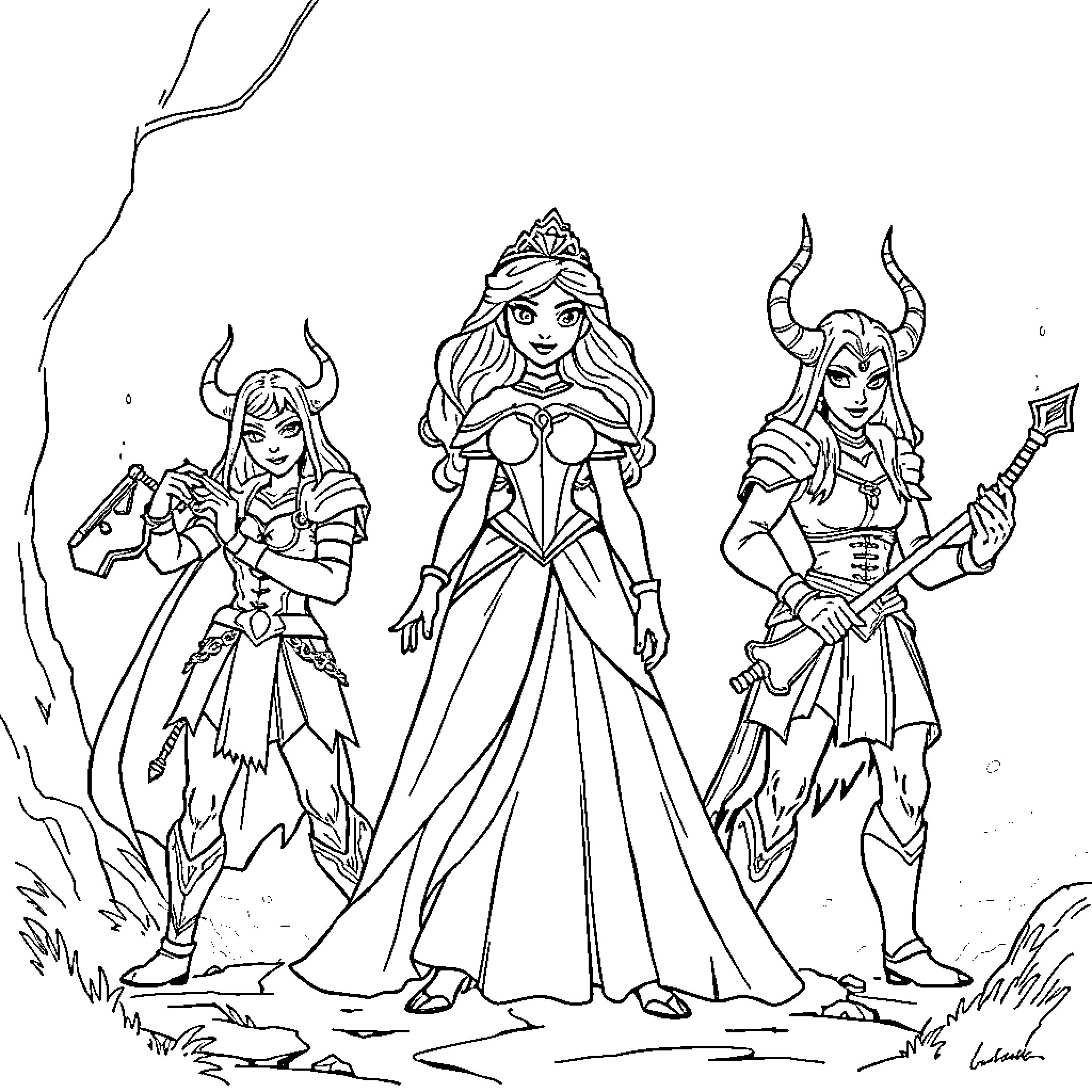 Disney Princess Trio: Warrior, Regal, and Otherworldly Coloring Page (free black-and-white line drawing printable PDF for all, from beginners to advanced learners, including children, teens, adults, and seniors)