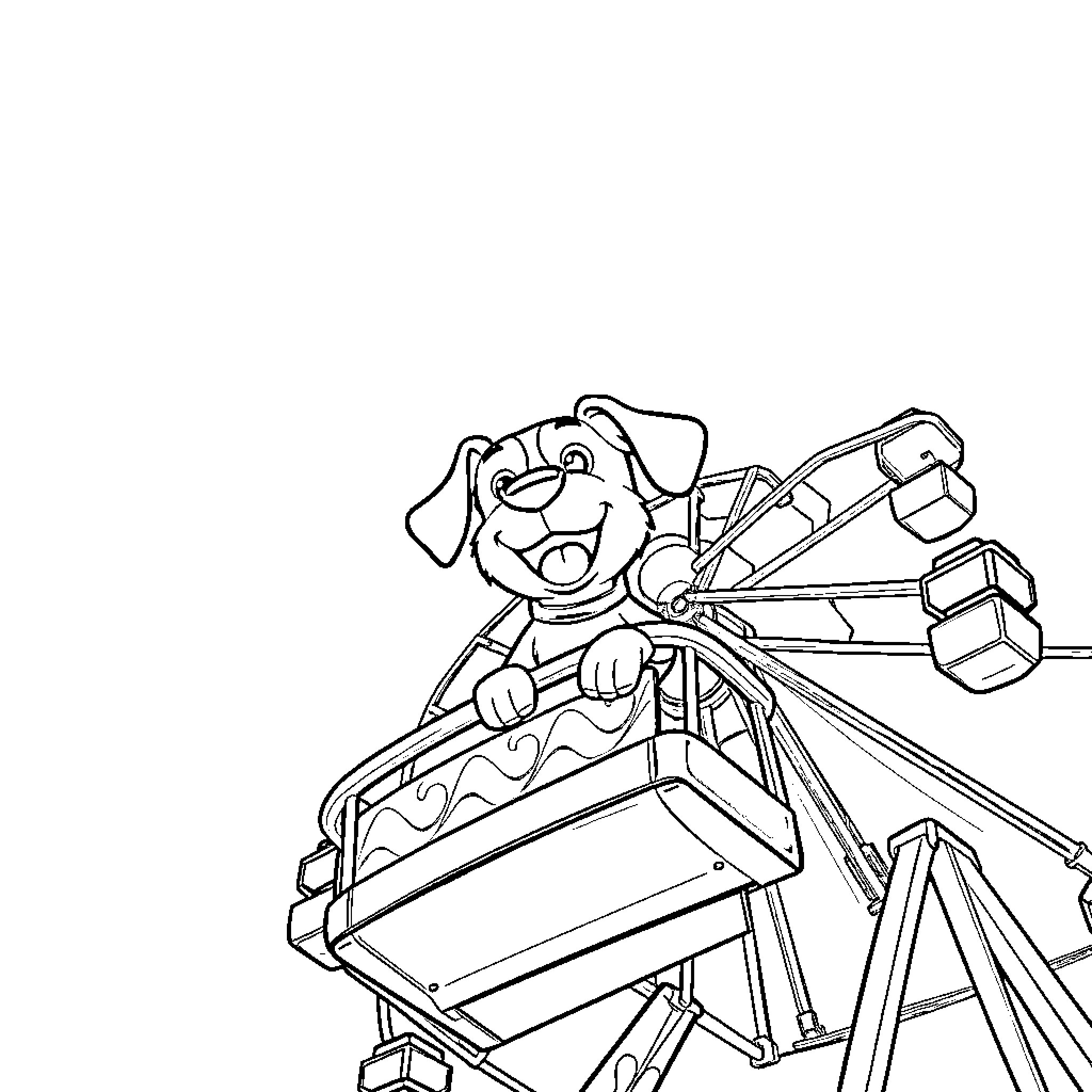 Kipper the Pup Riding a Ferris Wheel Coloring Page (free black-and-white line drawing printable PDF for all, from beginners to advanced learners, including children, teens, adults, and seniors)