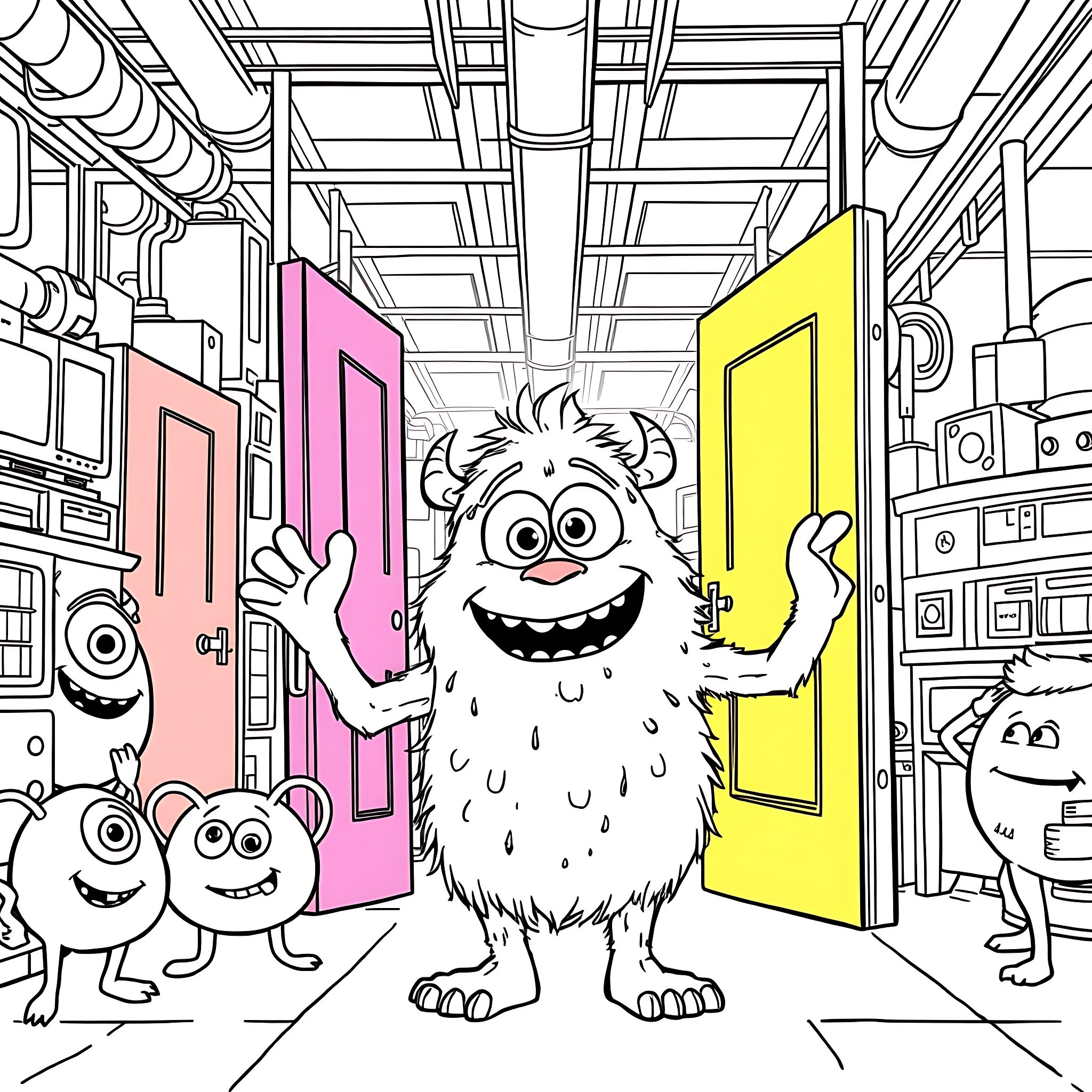 Monster Exploring Colorful Doors in Bizarre Hallway Coloring Page (free black-and-white line drawing printable PDF for all, from beginners to advanced learners, including children, teens, adults, and seniors)