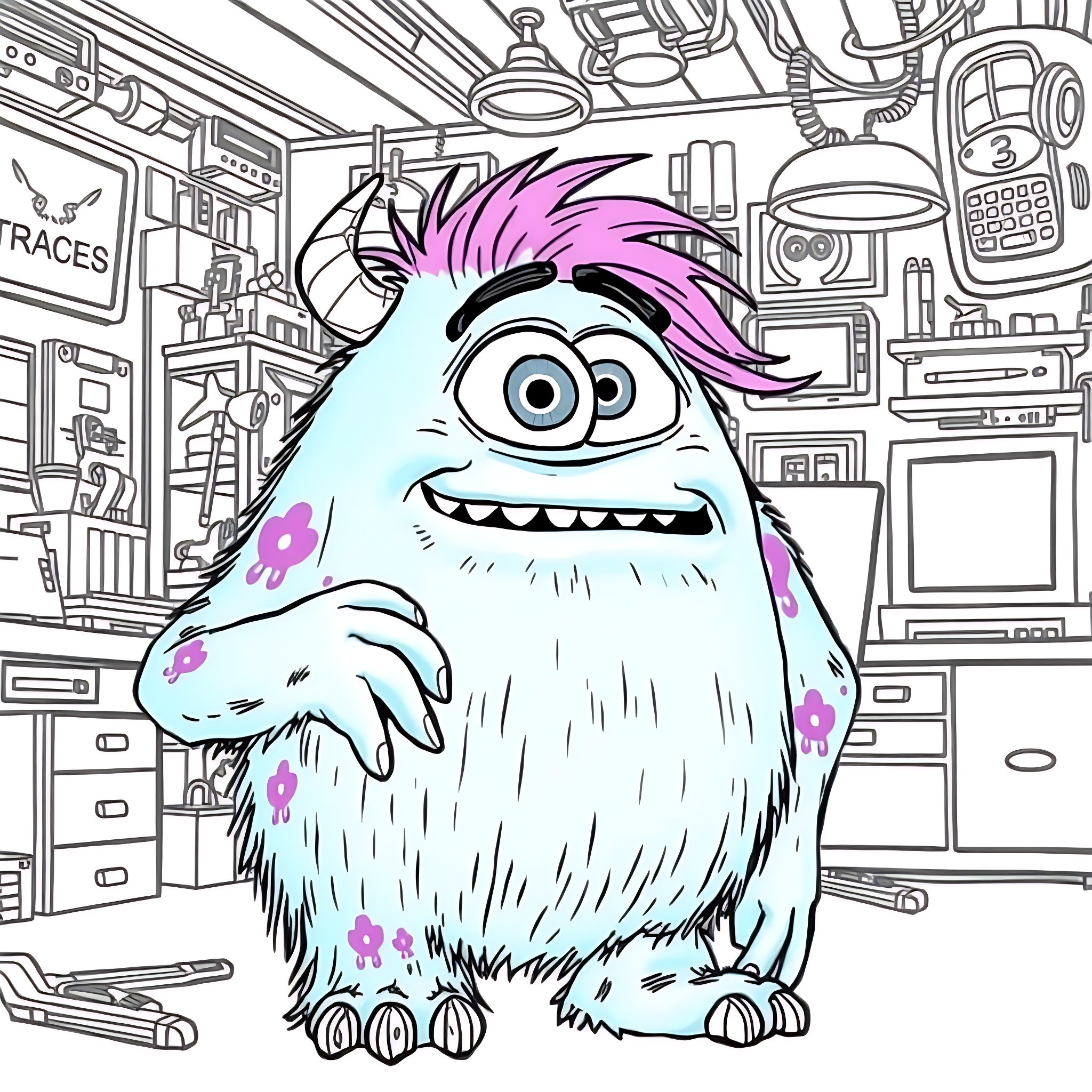 Monster enjoying a messy workspace Coloring Page (free black-and-white line drawing printable PDF for all, from beginners to advanced learners, including children, teens, adults, and seniors)