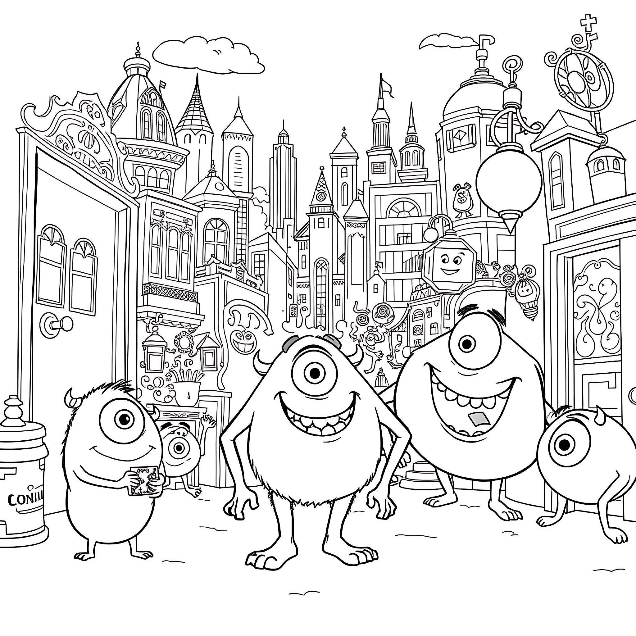 Monster Family Explores Magical Fantasy City Coloring Page (free black-and-white line drawing printable PDF for all, from beginners to advanced learners, including children, teens, adults, and seniors)