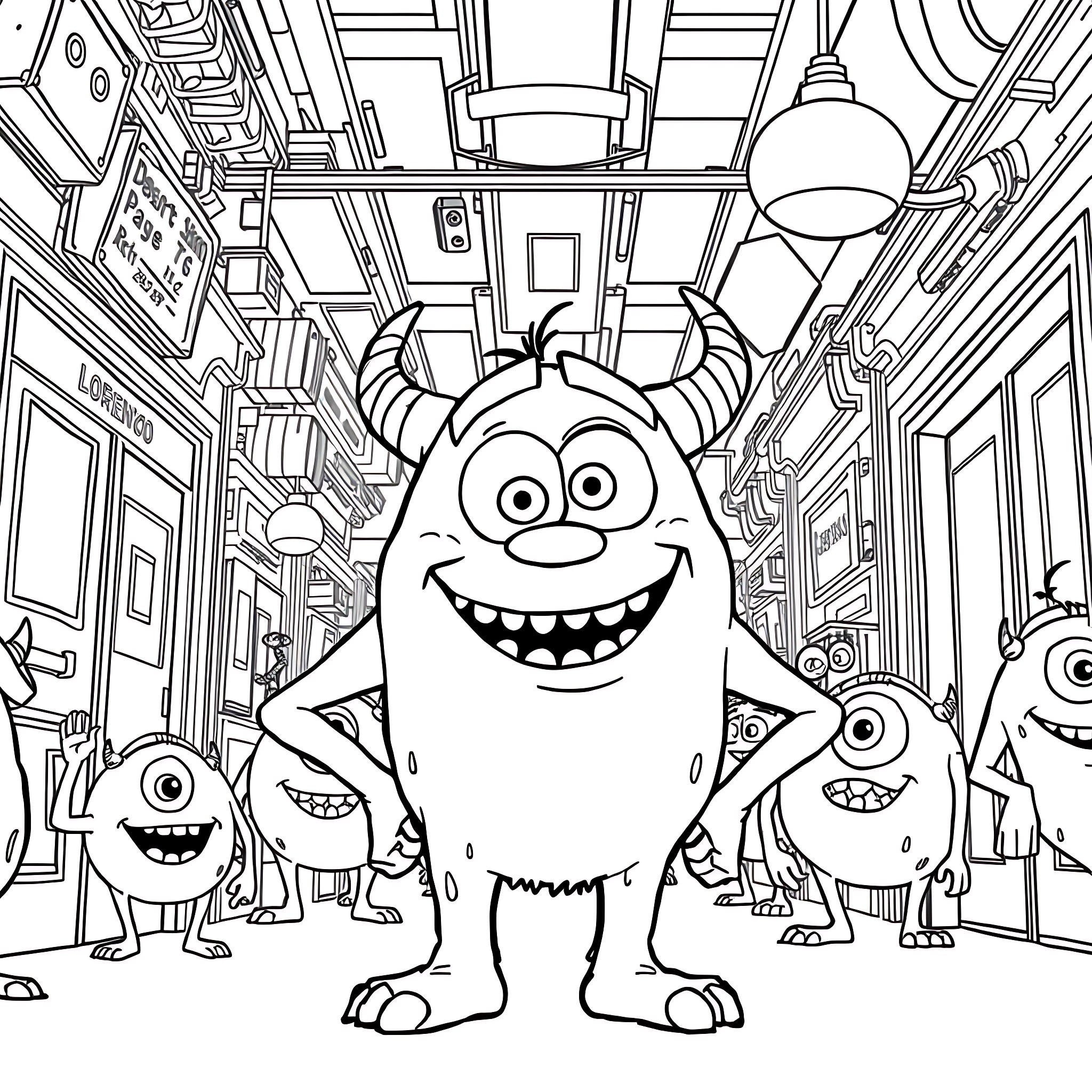 Monster Friends Exploring a Whimsical Cityscape Coloring Page (free black-and-white line drawing printable PDF for all, from beginners to advanced learners, including children, teens, adults, and seniors)
