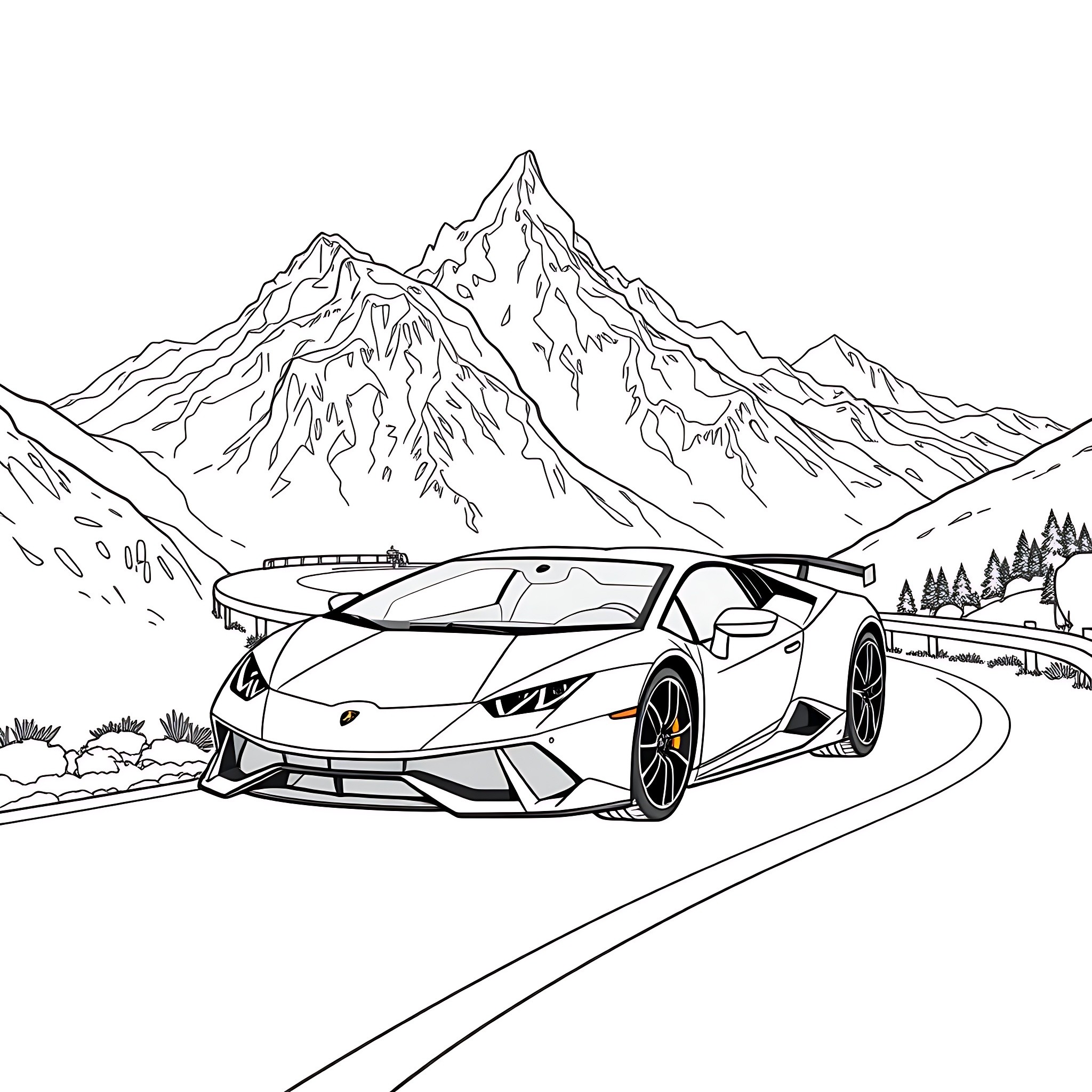 Lamborghini racing through majestic mountain landscapes Coloring Page (free black-and-white line drawing printable PDF for all, from beginners to advanced learners, including children, teens, adults, and seniors)