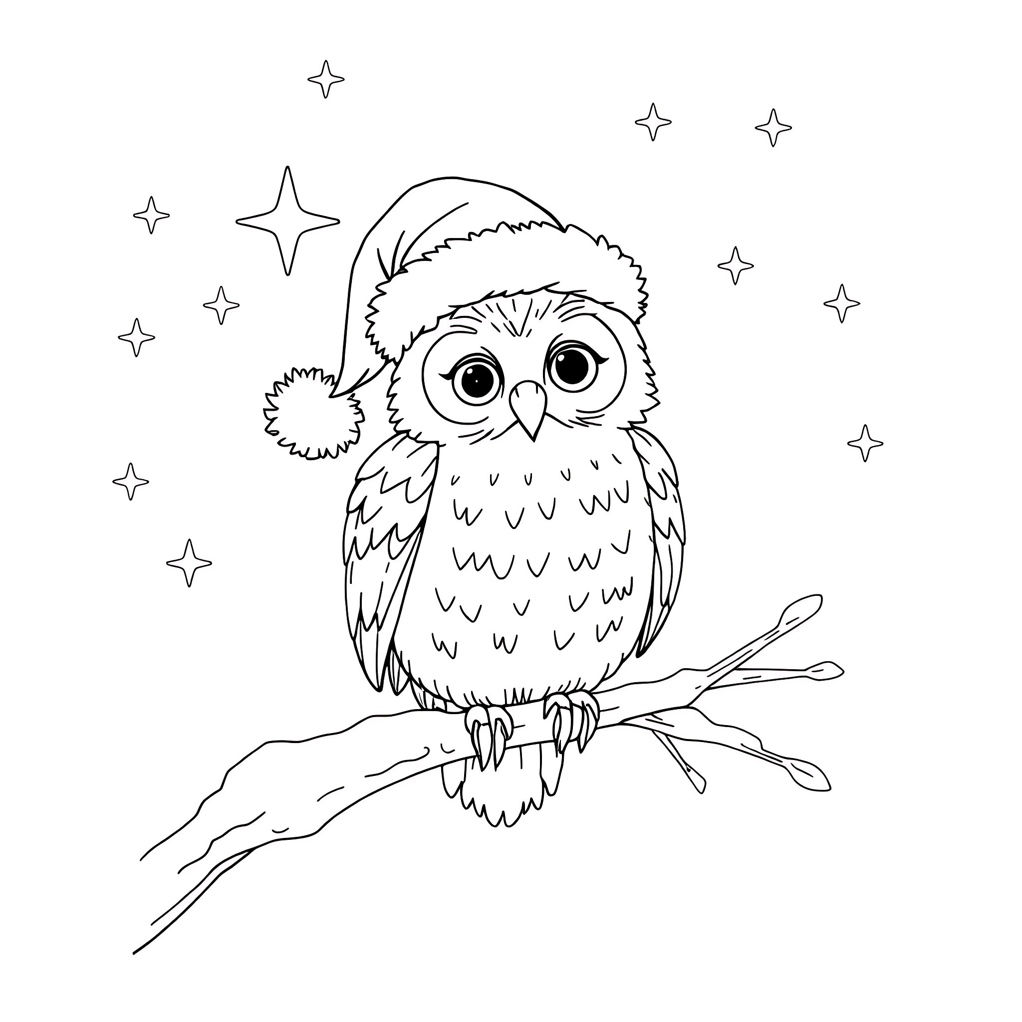 Owl sitting on a branch among the stars Coloring Page (free black-and-white line drawing printable PDF for all, from beginners to advanced learners, including children, teens, adults, and seniors)