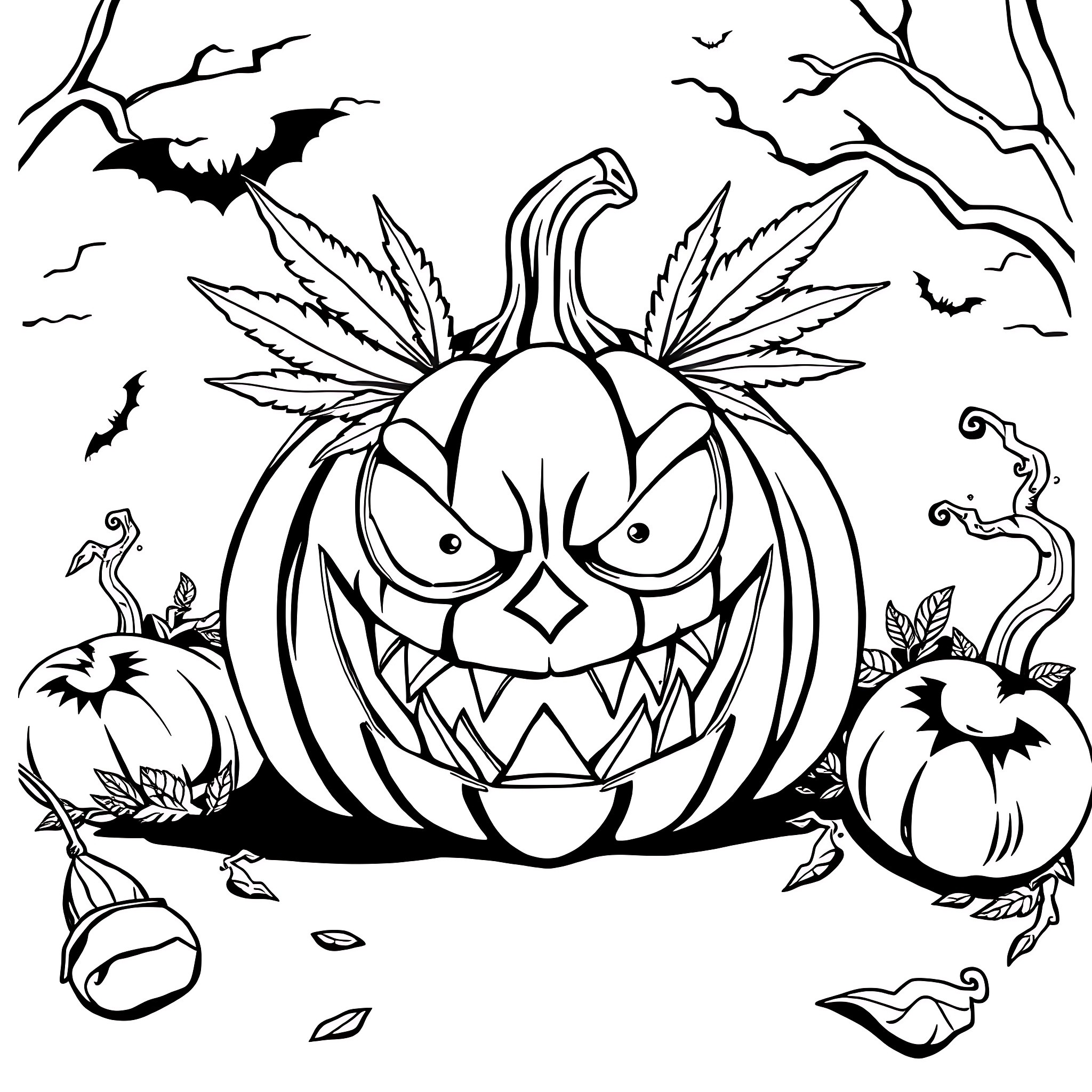 Pumpkin with scary facial expression and spooky background Coloring Page (free black-and-white line drawing printable PDF for all, from beginners to advanced learners, including children, teens, adults, and seniors)