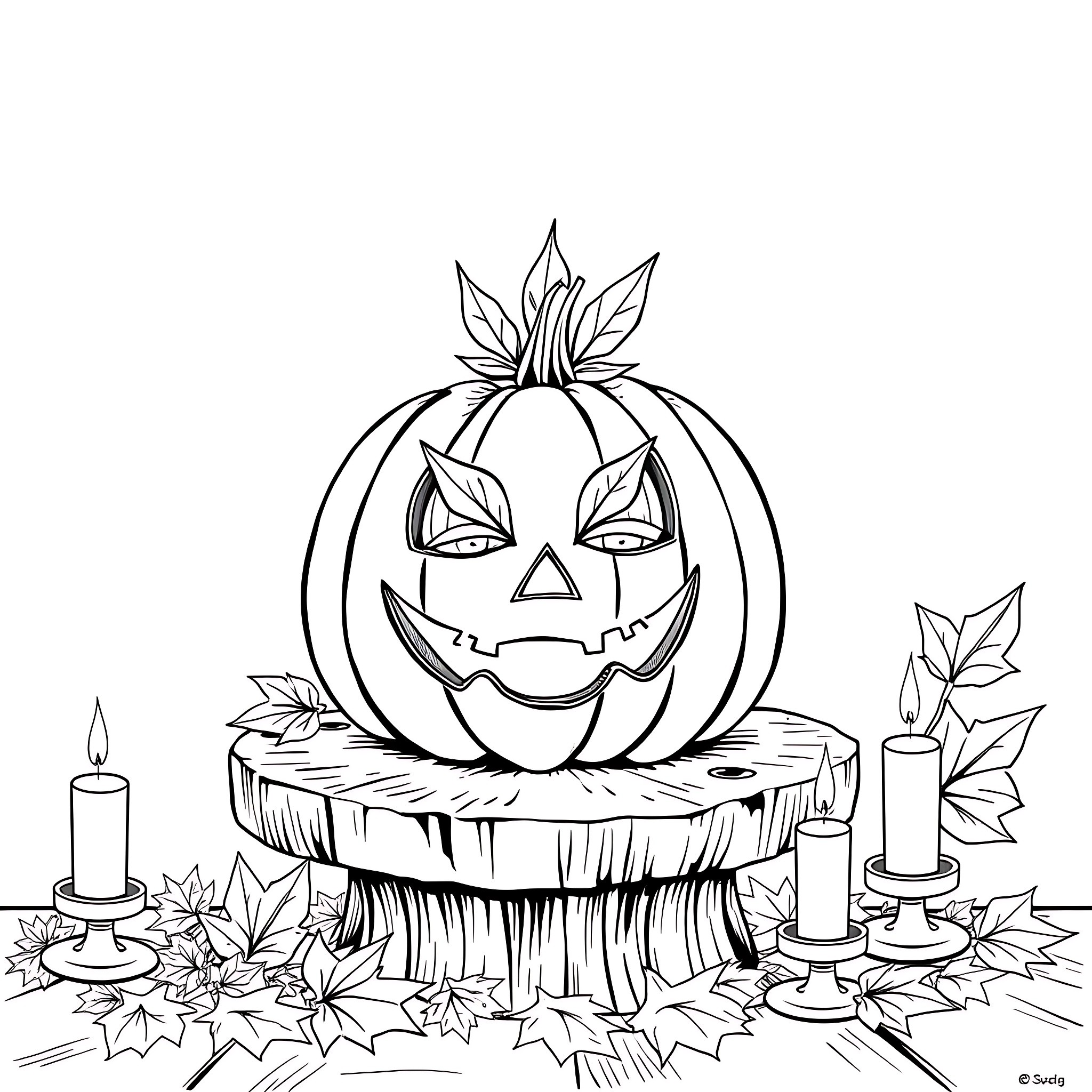 Pumpkin Jack-o'-lantern with candles on autumn leaves Coloring Page (free black-and-white line drawing printable PDF for all, from beginners to advanced learners, including children, teens, adults, and seniors)