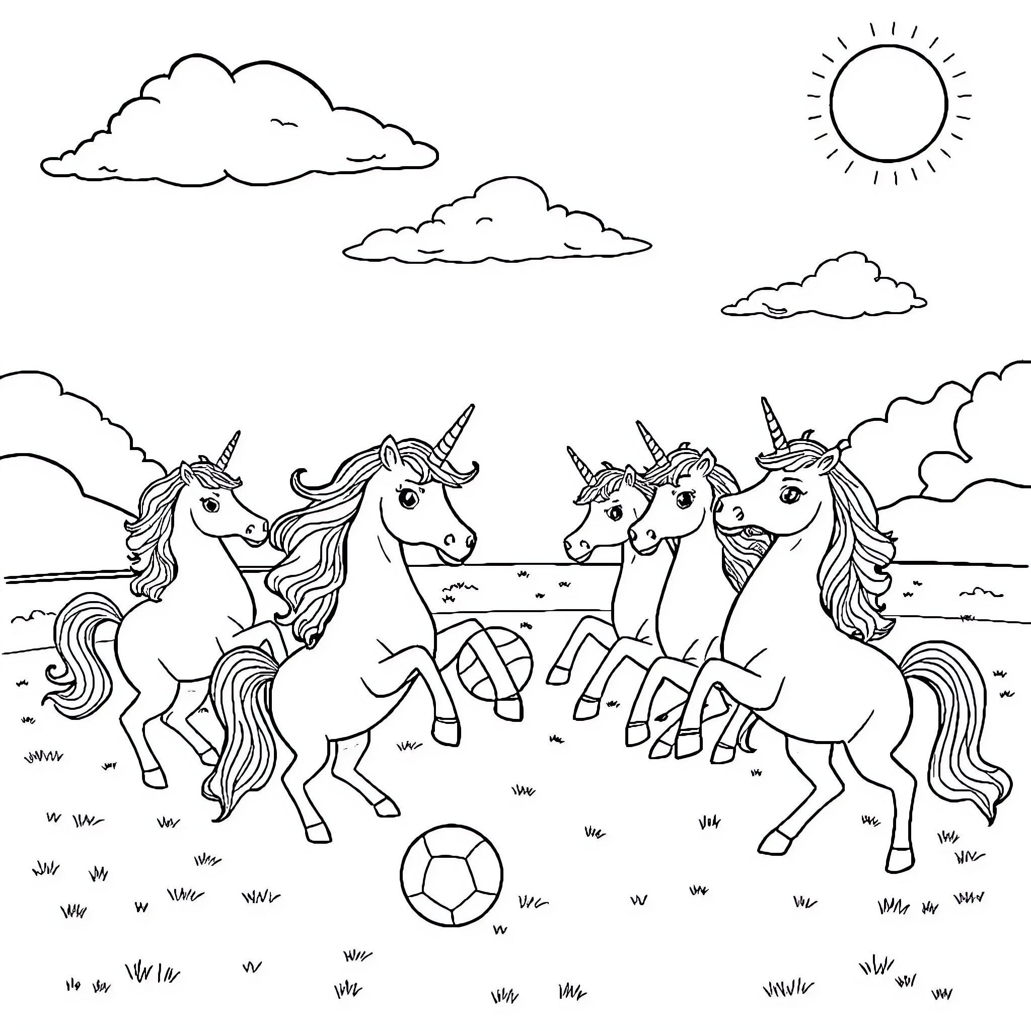 Unicorns frolicking joyfully in a grassy field Coloring Page (free black-and-white line drawing printable PDF for all, from beginners to advanced learners, including children, teens, adults, and seniors)