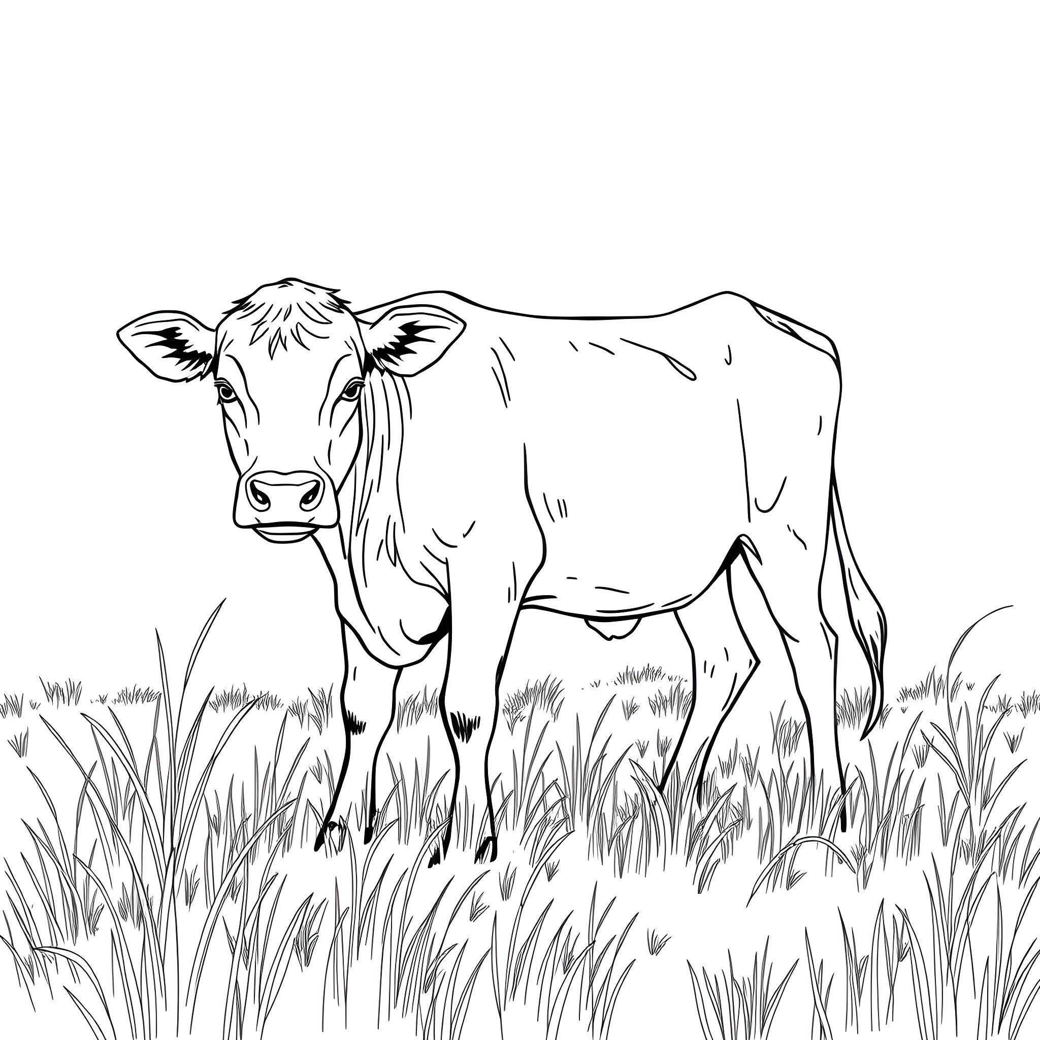 Calf standing in grassy field Coloring Page (free black-and-white line drawing printable PDF for all, from beginners to advanced learners, including children, teens, adults, and seniors)