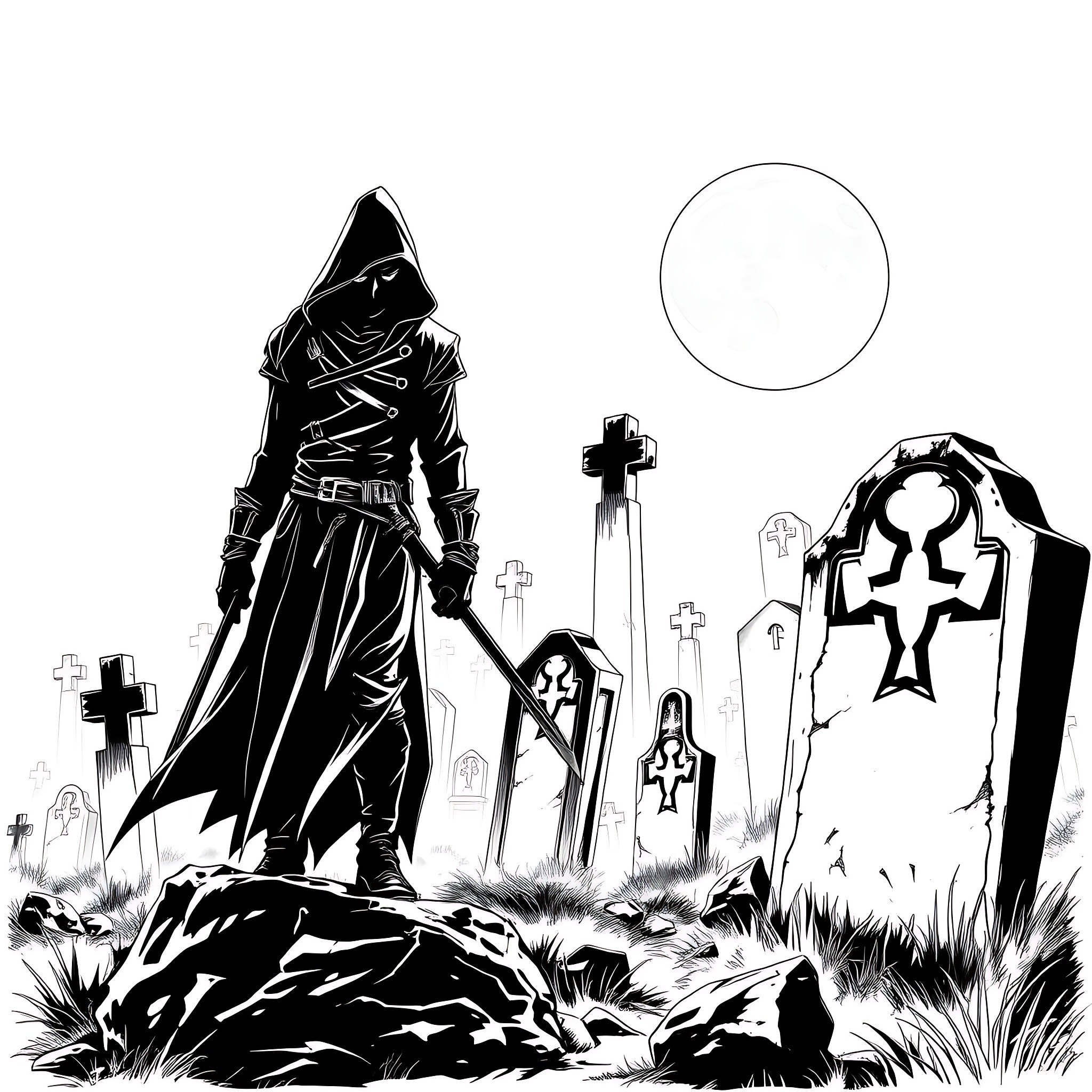 Assassin Among Tombstones in Eerie Graveyard Coloring Page (free black-and-white line drawing printable PDF for all, from beginners to advanced learners, including children, teens, adults, and seniors)