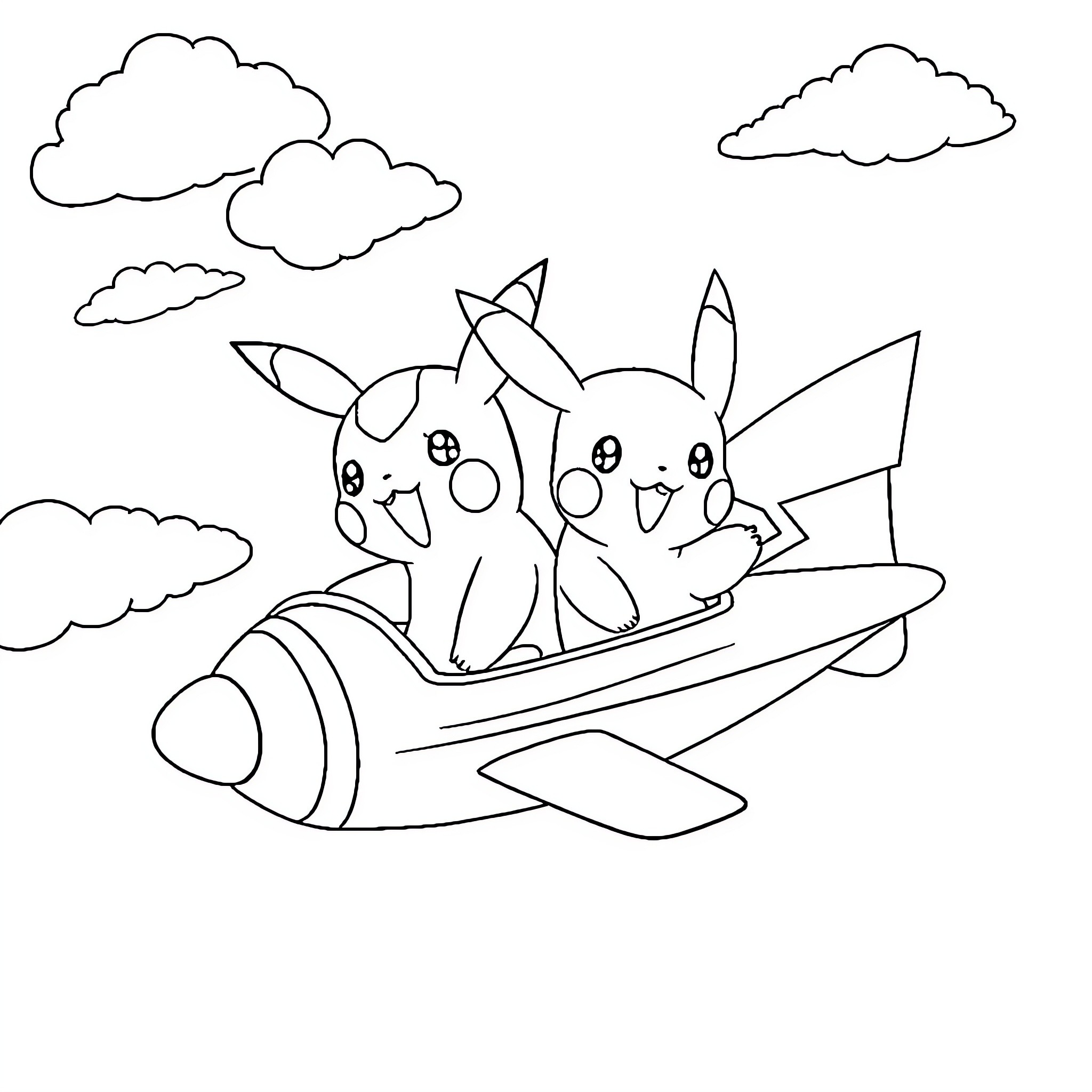 Pikachu enjoying an airplane ride with friends Coloring Page (free black-and-white line drawing printable PDF for all, from beginners to advanced learners, including children, teens, adults, and seniors)