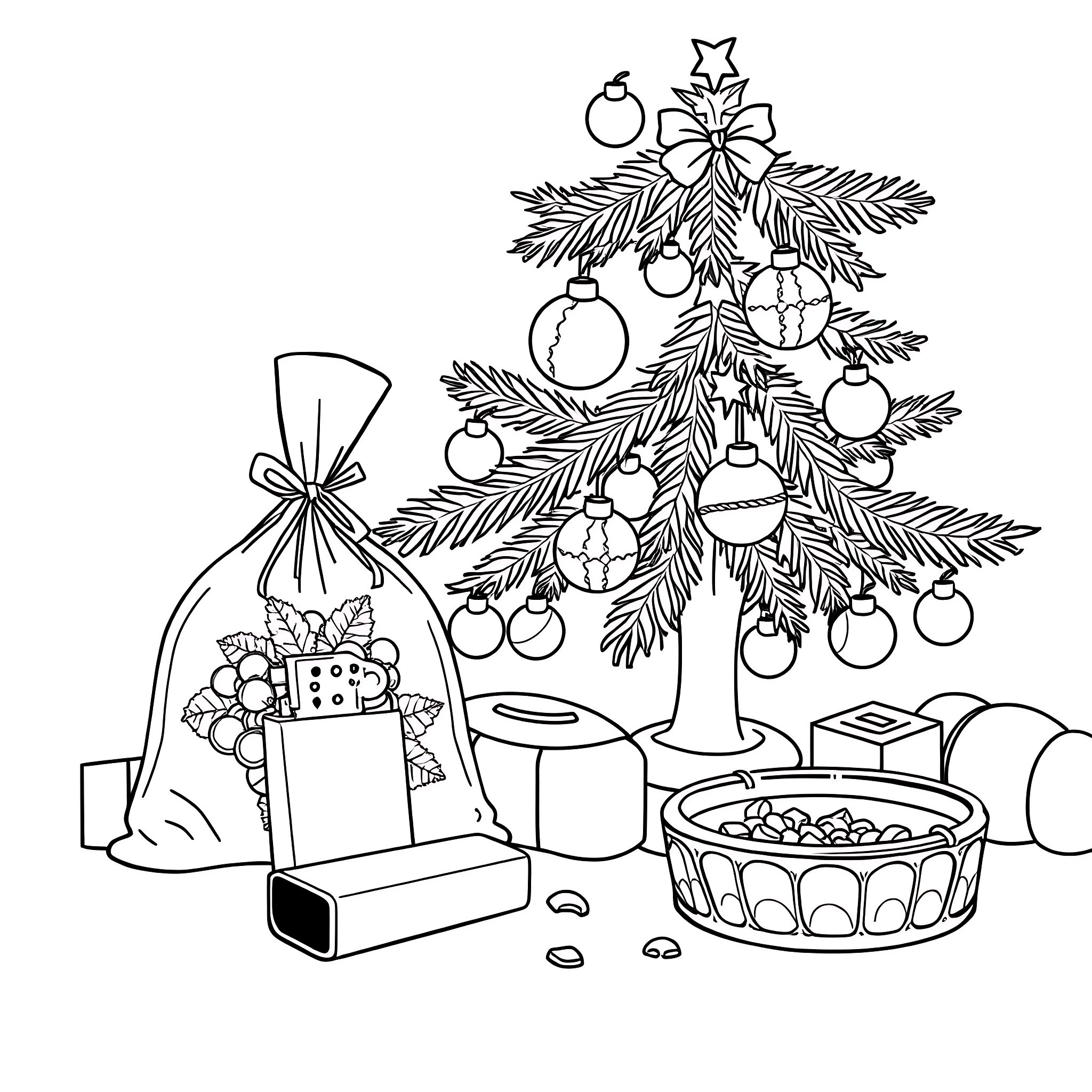 Weed decorated Christmas tree with gifts and snacks Coloring Page (free black-and-white line drawing printable PDF for all, from beginners to advanced learners, including children, teens, adults, and seniors)