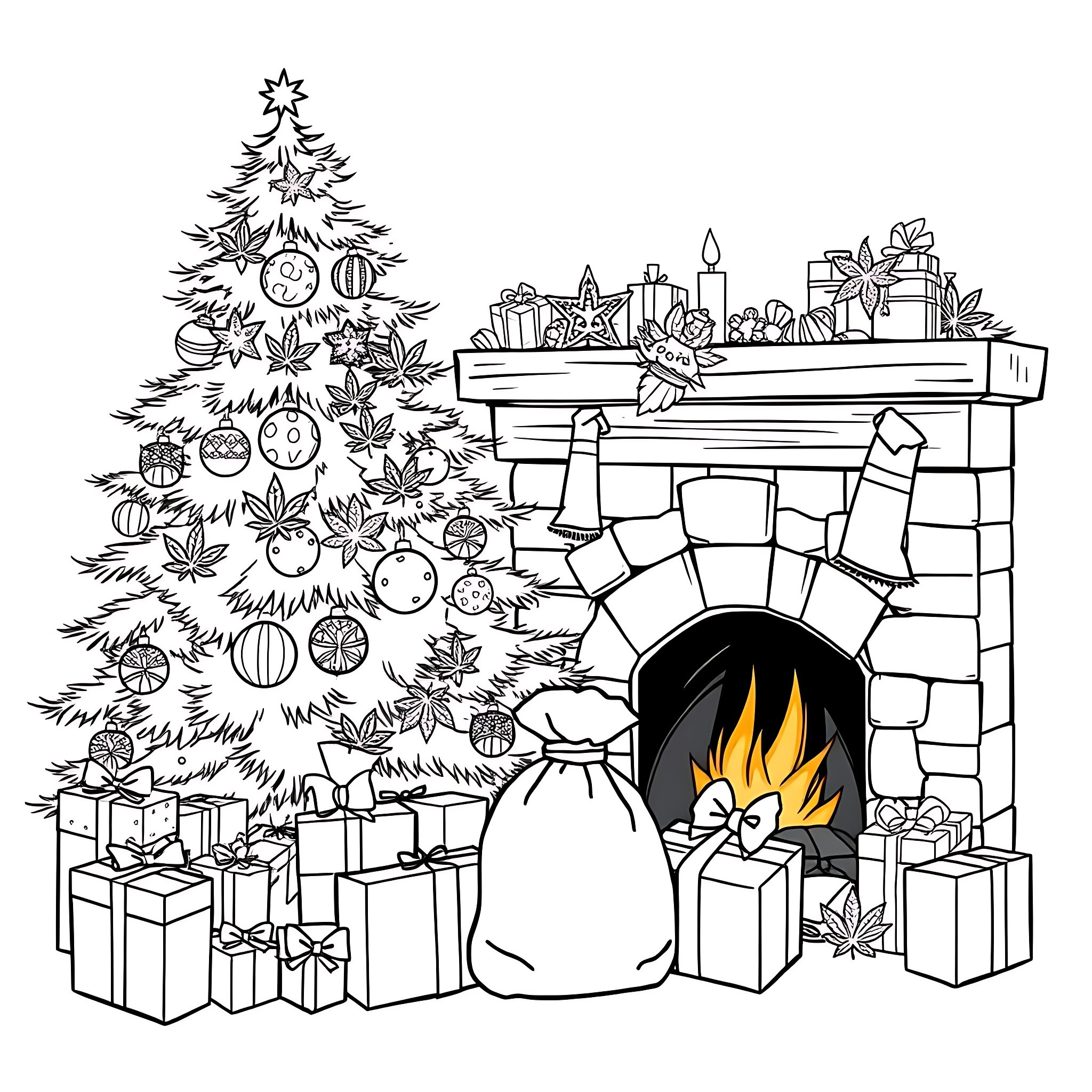 Weed a Cozy Christmas Scene Coloring Page (free black-and-white line drawing printable PDF for all, from beginners to advanced learners, including children, teens, adults, and seniors)