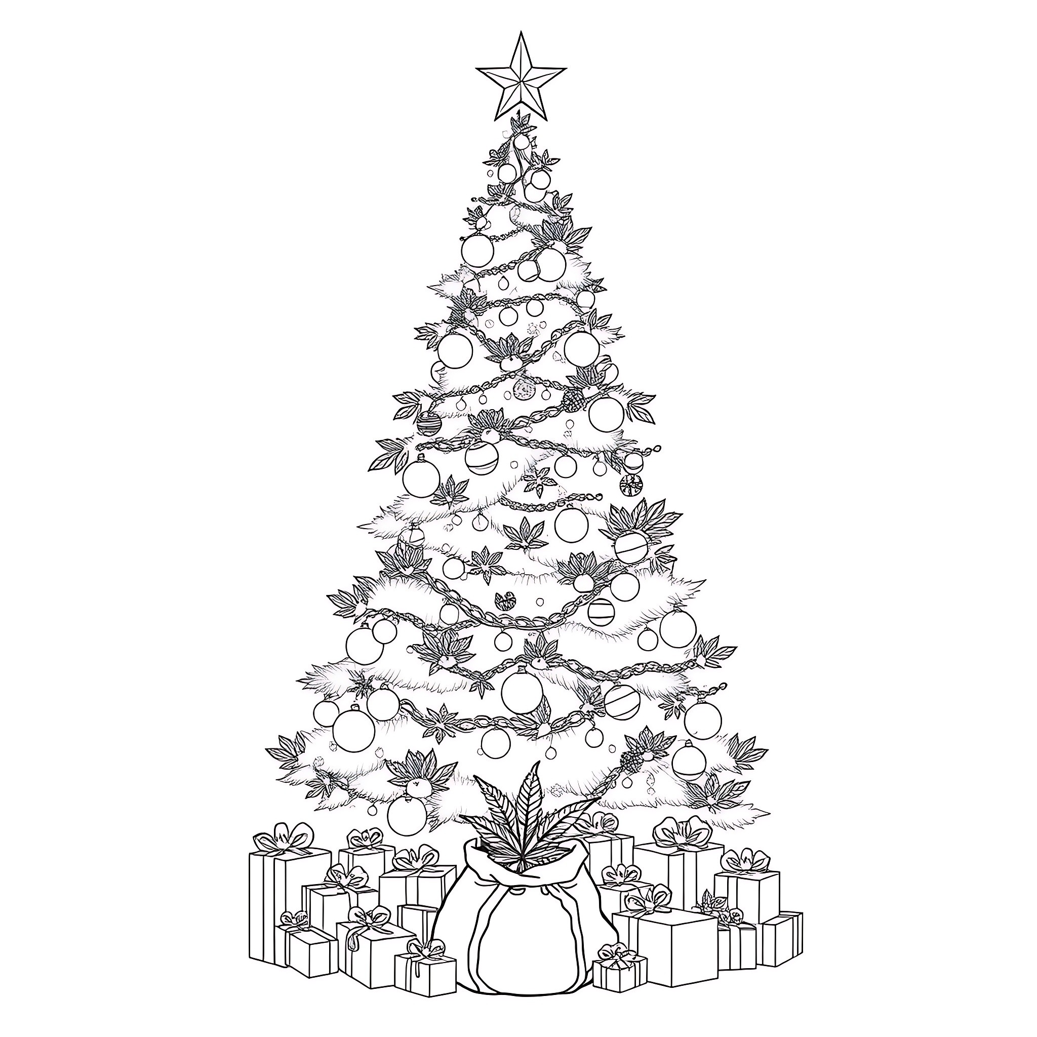Christmas Tree Decorated with Ornaments and Presents Coloring Page (free black-and-white line drawing printable PDF for all, from beginners to advanced learners, including children, teens, adults, and seniors)