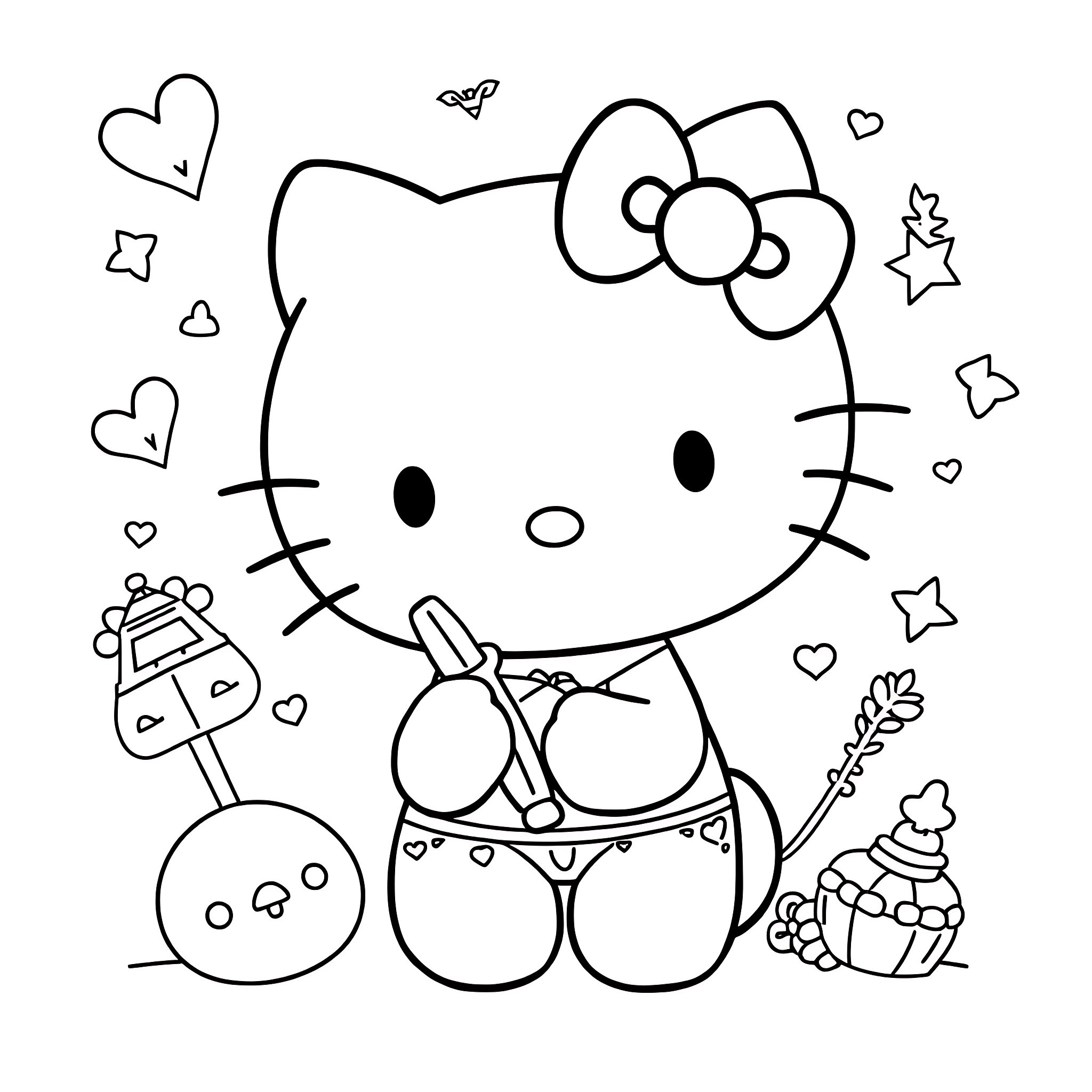 Hello Kitty having a cute party with friends Coloring Page (free black-and-white line drawing printable PDF for all, from beginners to advanced learners, including children, teens, adults, and seniors)