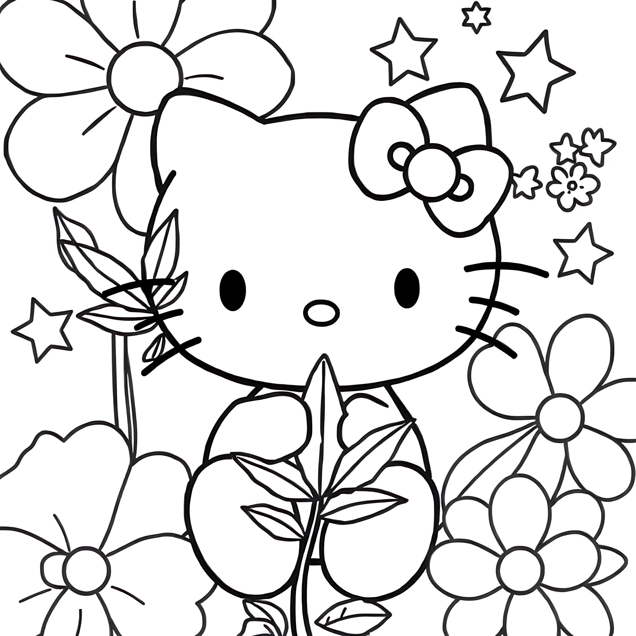 Hello Kitty surrounded by whimsical flowers and stars Coloring Page (free black-and-white line drawing printable PDF for all, from beginners to advanced learners, including children, teens, adults, and seniors)