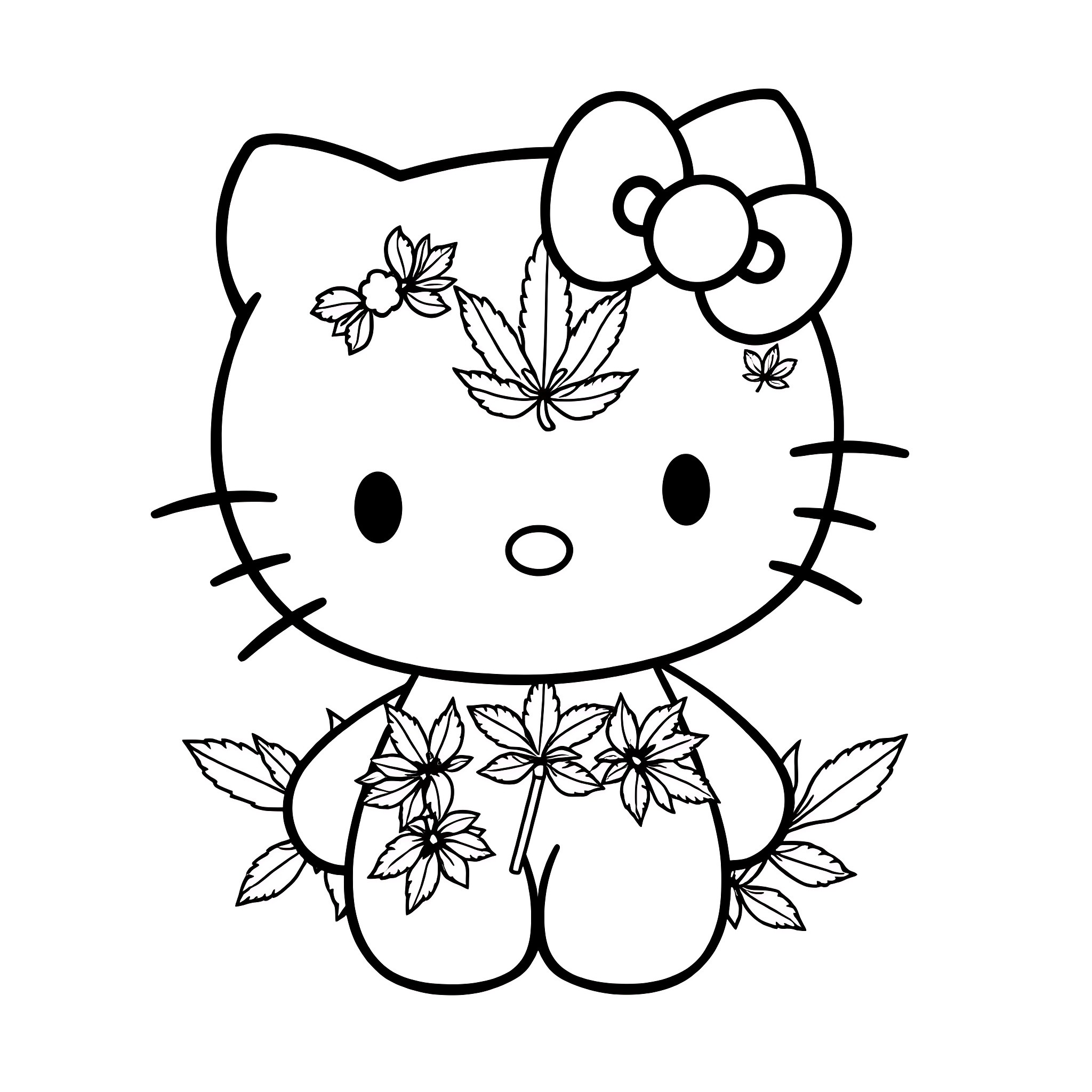 Hello Kitty surrounded by flowers Coloring Page (free black-and-white line drawing printable PDF for all, from beginners to advanced learners, including children, teens, adults, and seniors)