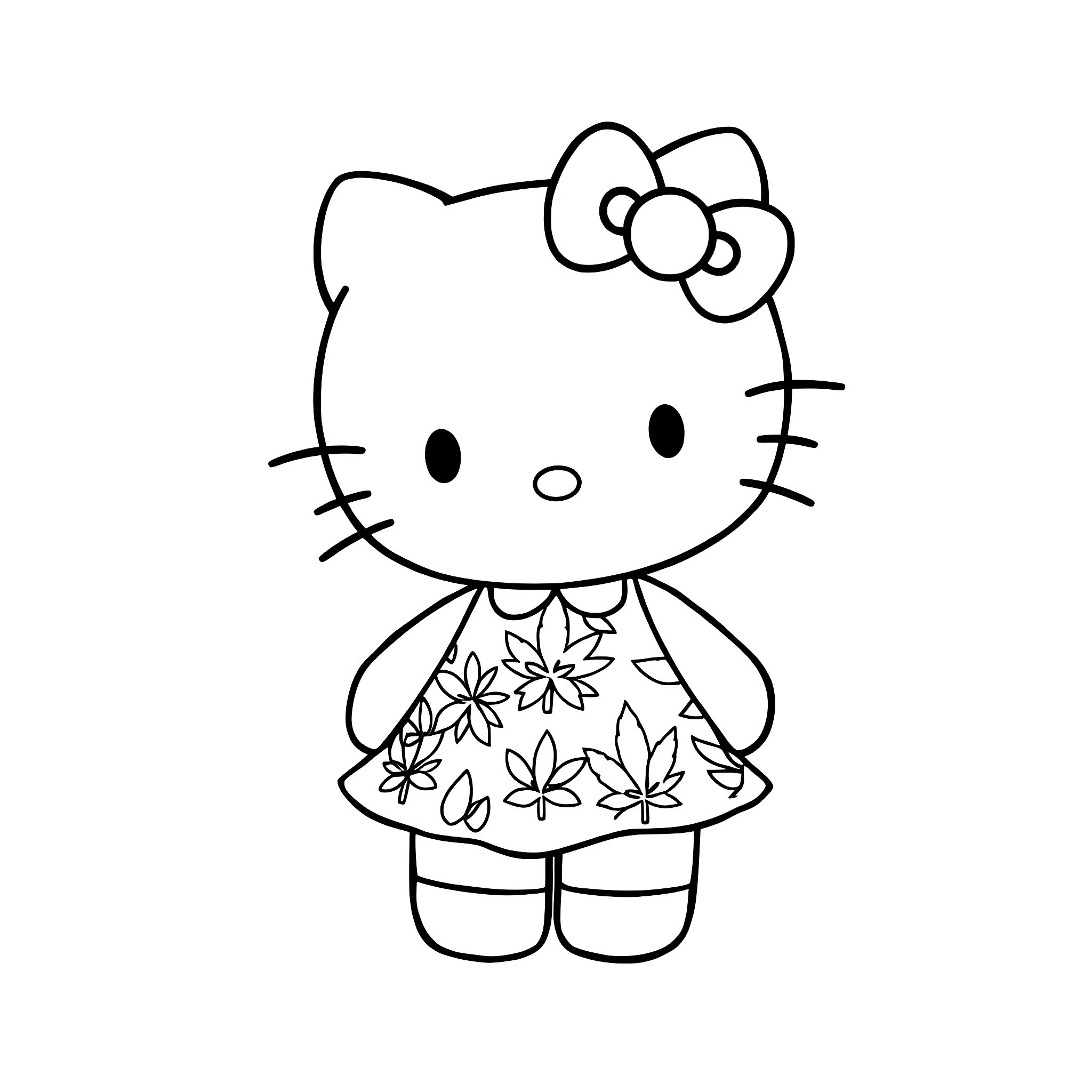 Hello Kitty in a floral dress Coloring Page (free black-and-white line drawing printable PDF for all, from beginners to advanced learners, including children, teens, adults, and seniors)