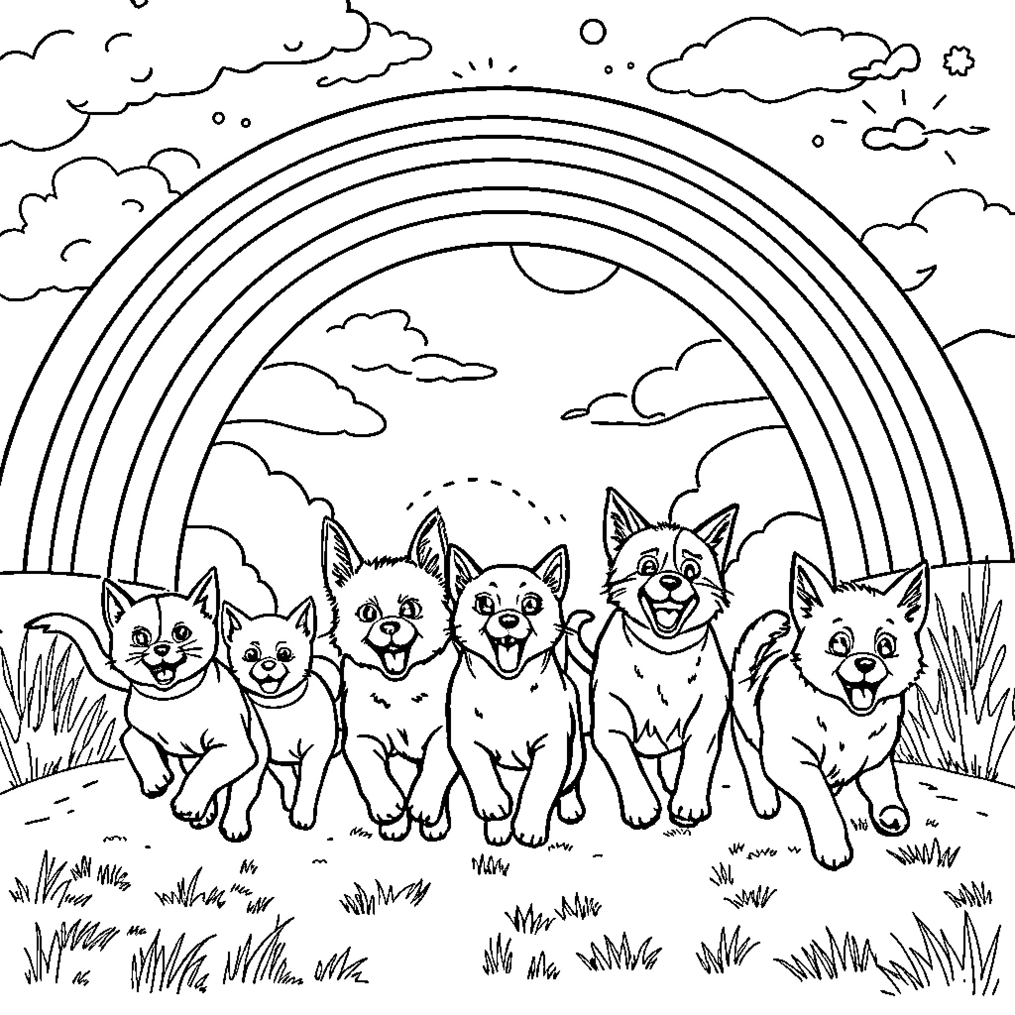 Cat family playing in the sunshine Coloring Page (free black-and-white line drawing printable PDF for all, from beginners to advanced learners, including children, teens, adults, and seniors)
