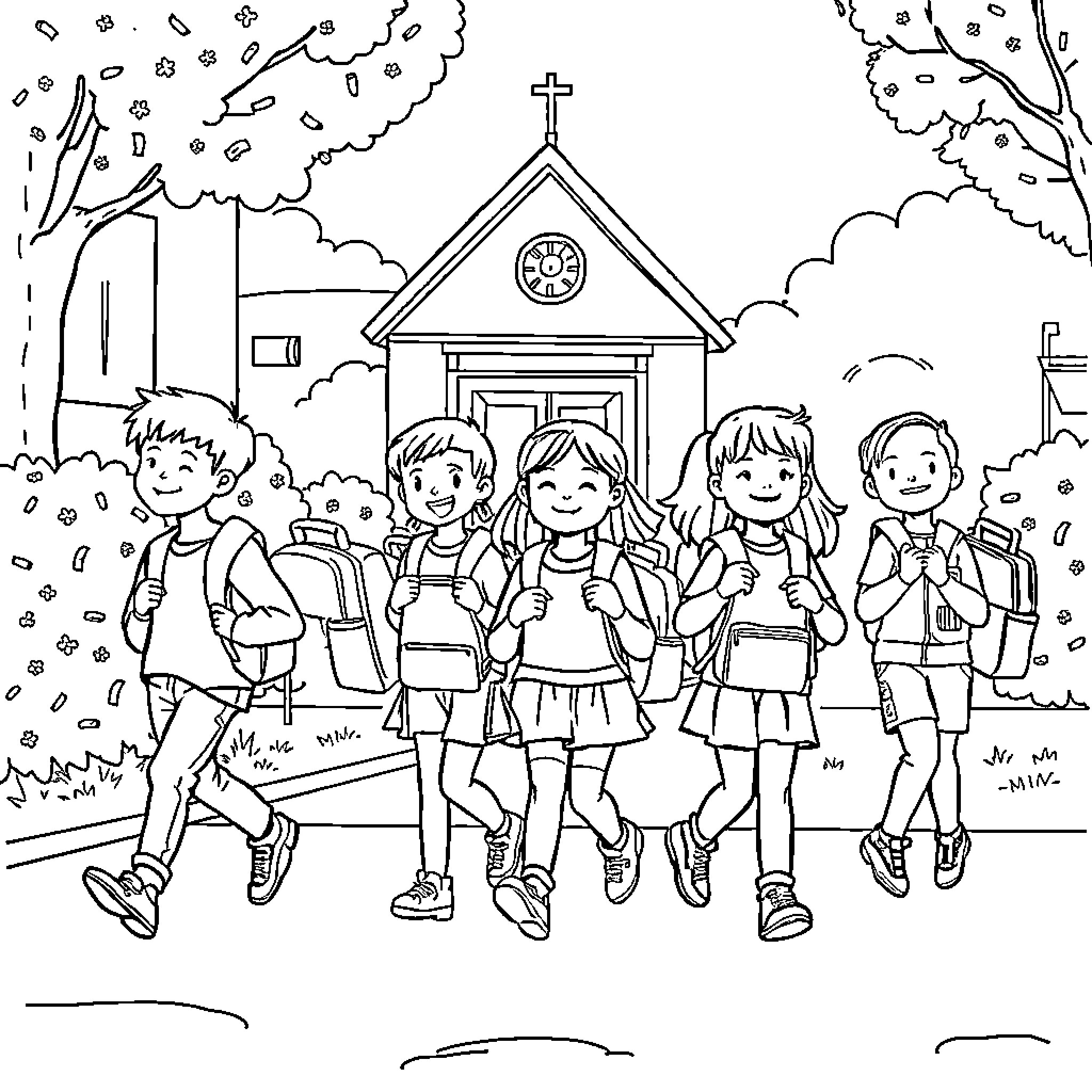 Students in school uniforms walking on campus Coloring Page (free black-and-white line drawing printable PDF for all, from beginners to advanced learners, including children, teens, adults, and seniors)
