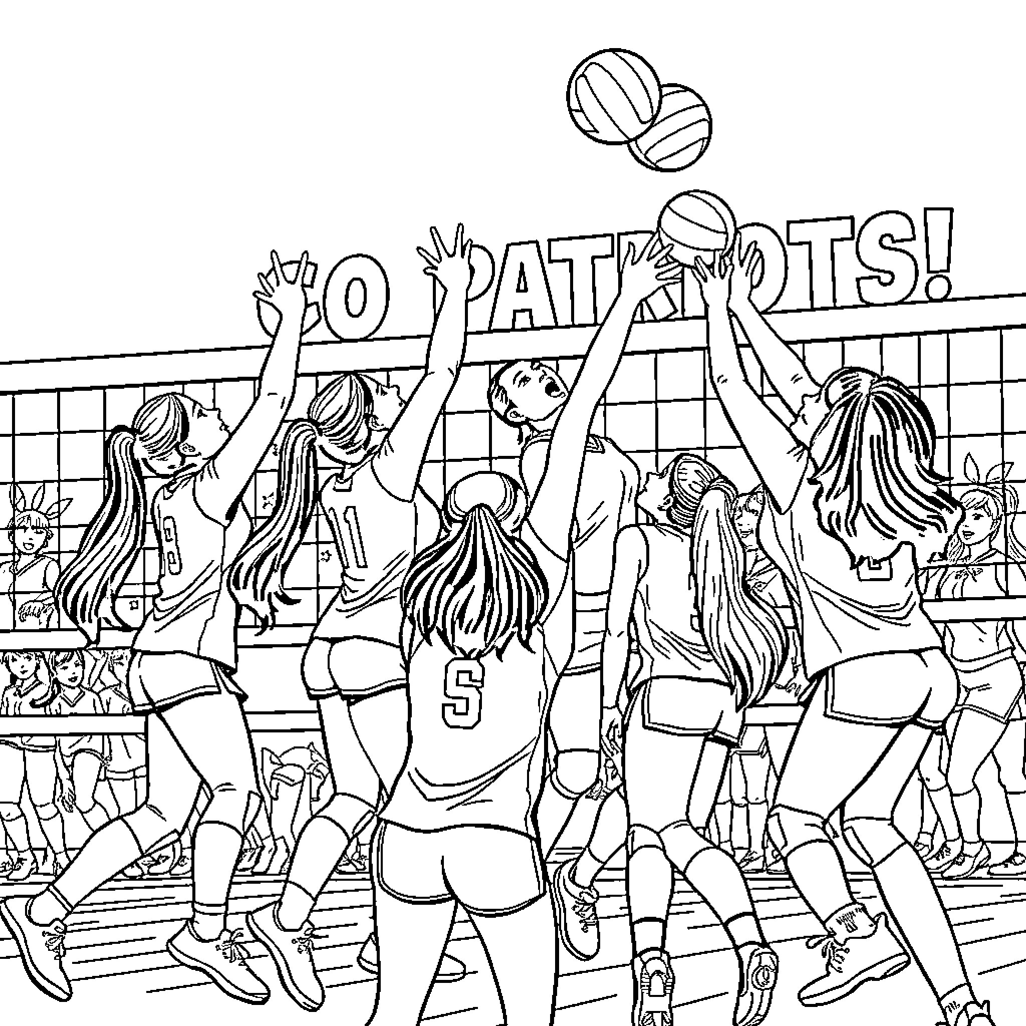 Volleyball players in action on the court Coloring Page (free black-and-white line drawing printable PDF for all, from beginners to advanced learners, including children, teens, adults, and seniors)
