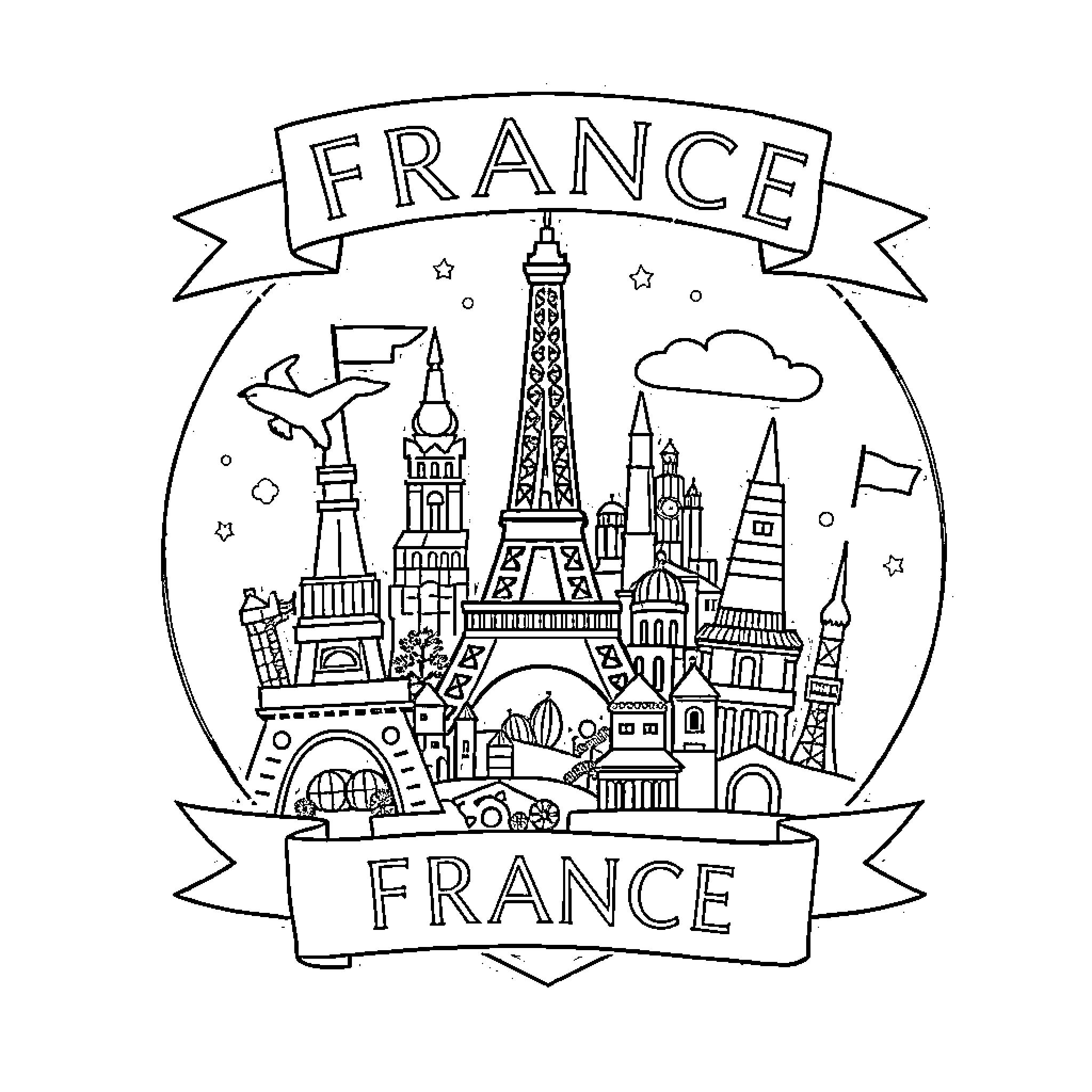 Badge of Famous Landmarks and Monuments in France Coloring Page (free black-and-white line drawing printable PDF for all, from beginners to advanced learners, including children, teens, adults, and seniors)